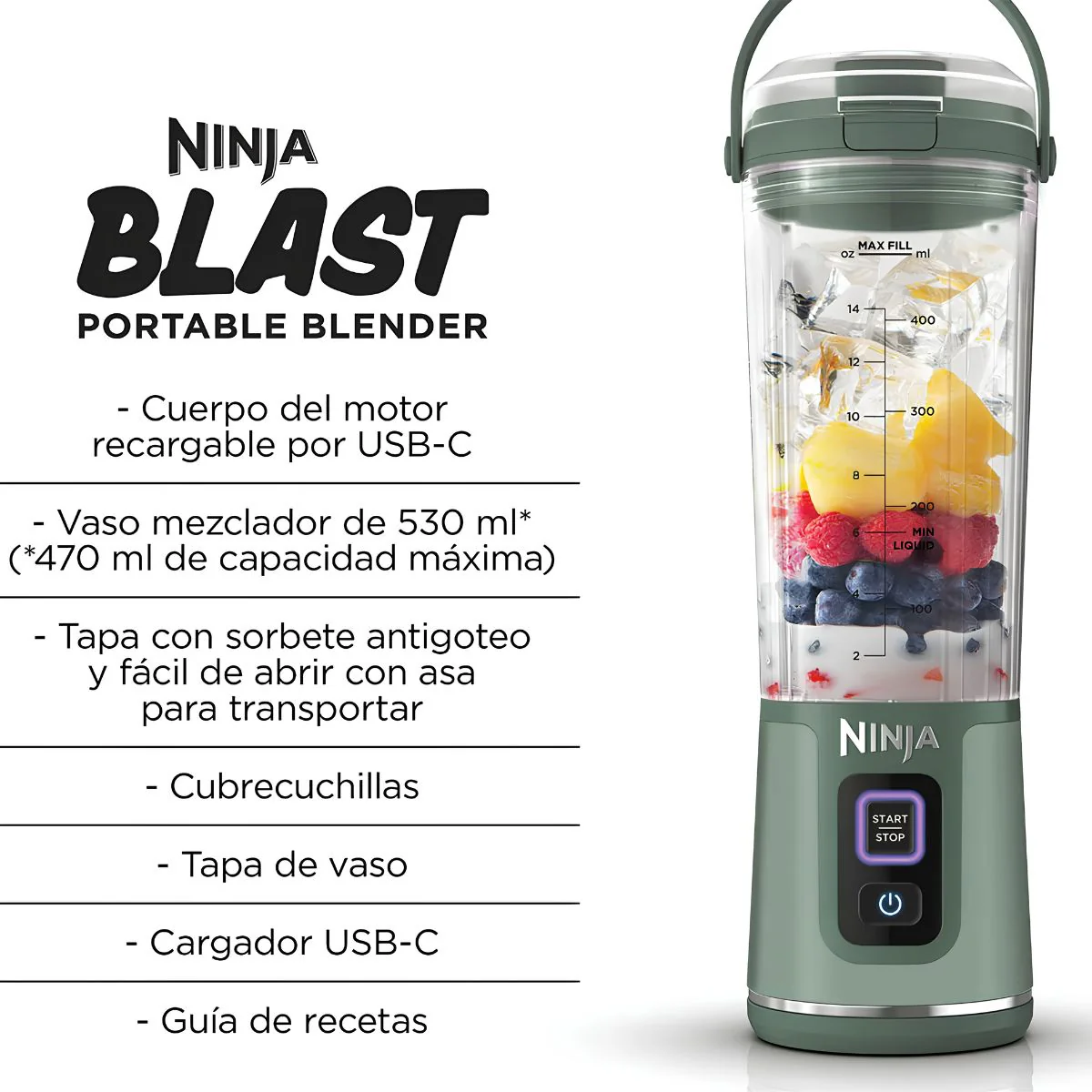 Licuadora Personal Ninja Blast Green. Minibatidora Portátil, Recargable Para Smoothies, Batidos De Proteínas, Pica Hielo Y Frutas Congeladas. - Image 2