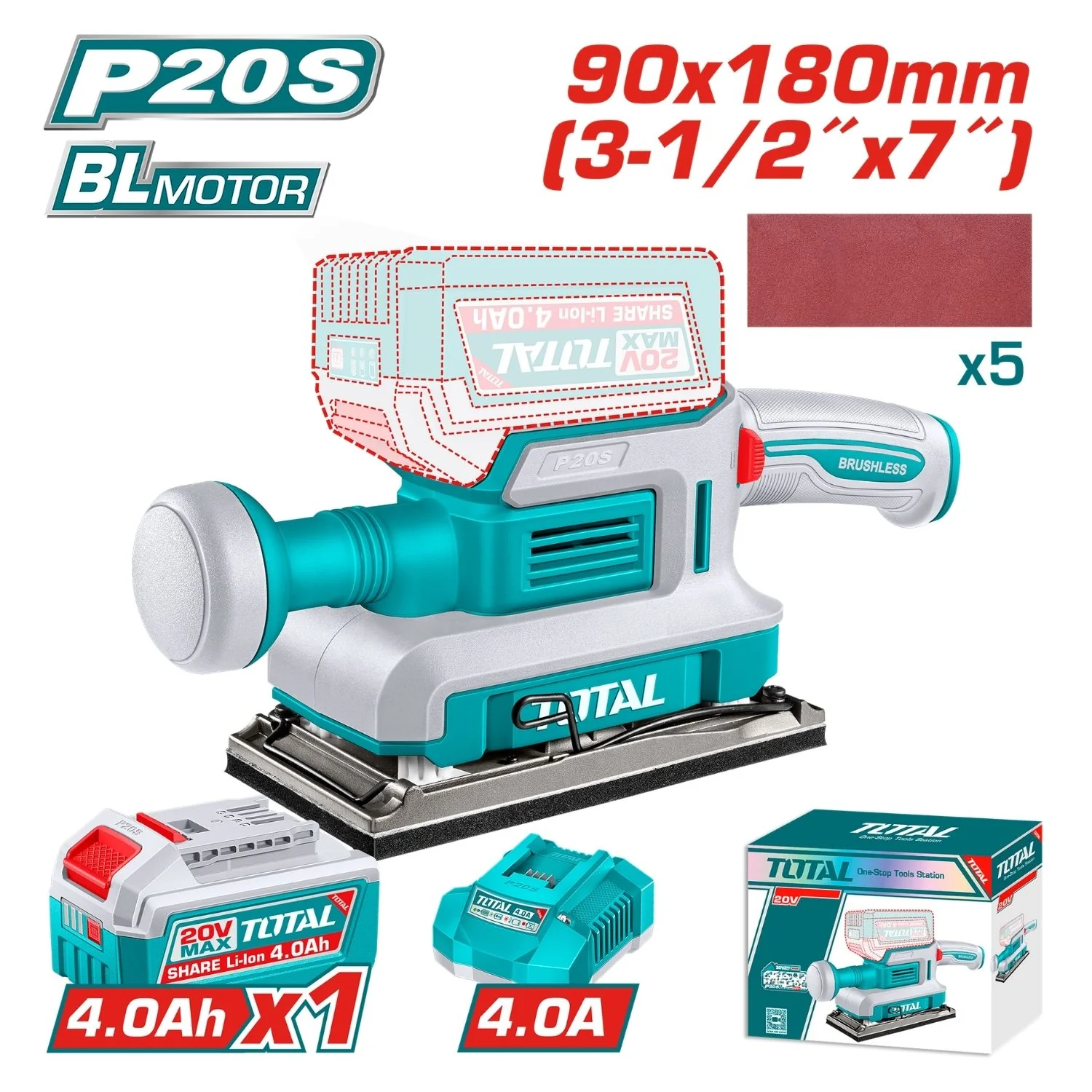 Lijadora Rectangular 90X180mm. 13,000 Rpm 20V Con Base De Aluminio. Incluye Batería, Cargador Y Hojas De Lija.