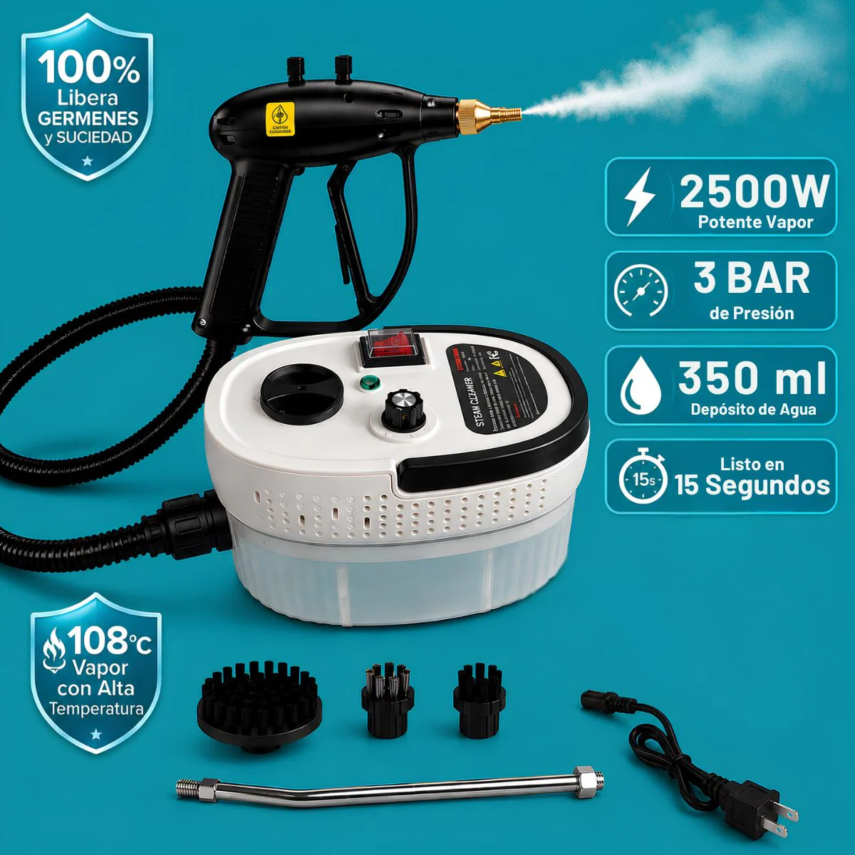 Limpiador A Vapor De Alta Presión Y Temperatura 2500W, 110V. Multiuso. Esterilizador 3 Bars O 43.5 Psi