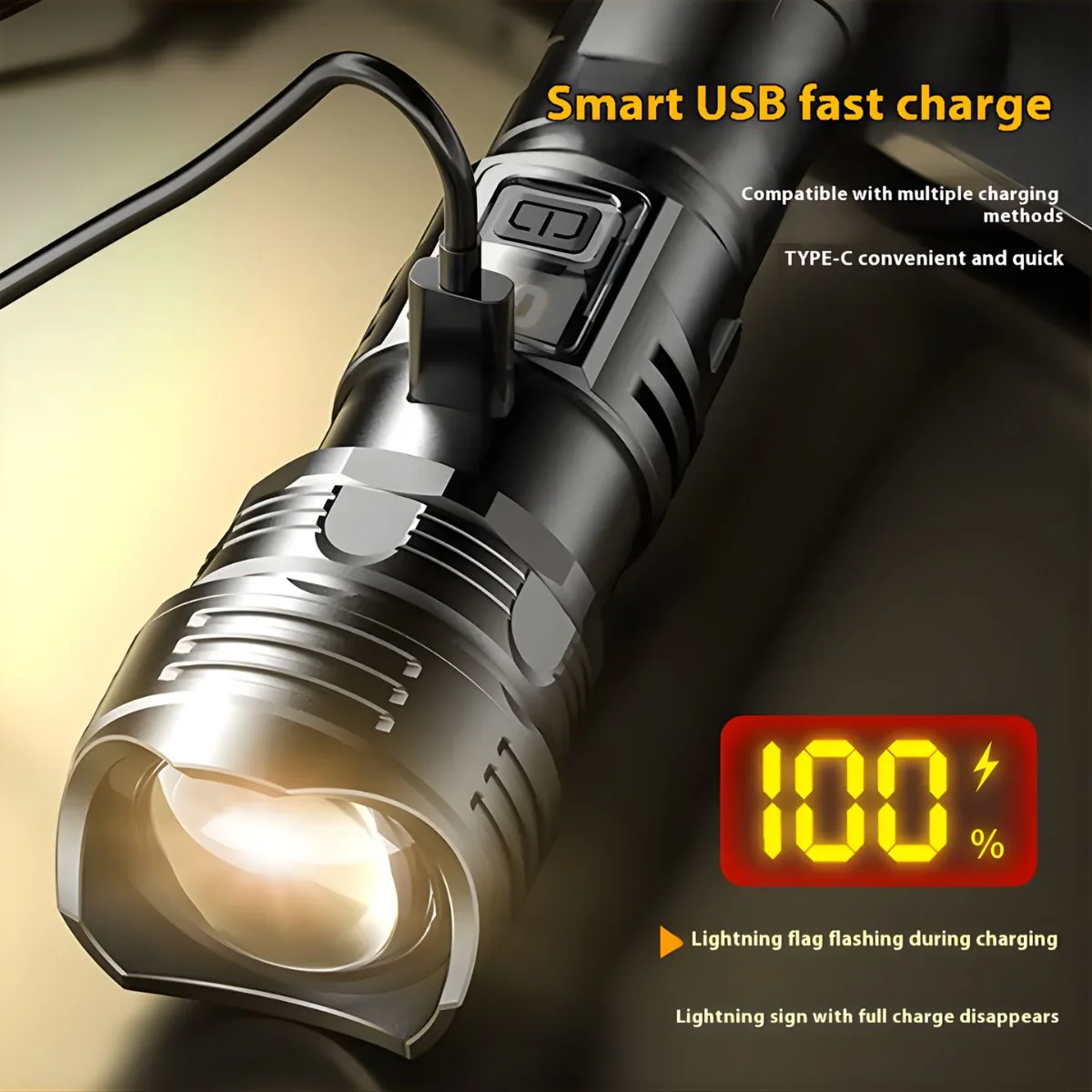 Linterna LED De Alta Potencia Con Zoom Telescópico. Luz Táctica De 10W Recargable USB-C Y Con 3 Modos De Iluminación. - Image 5