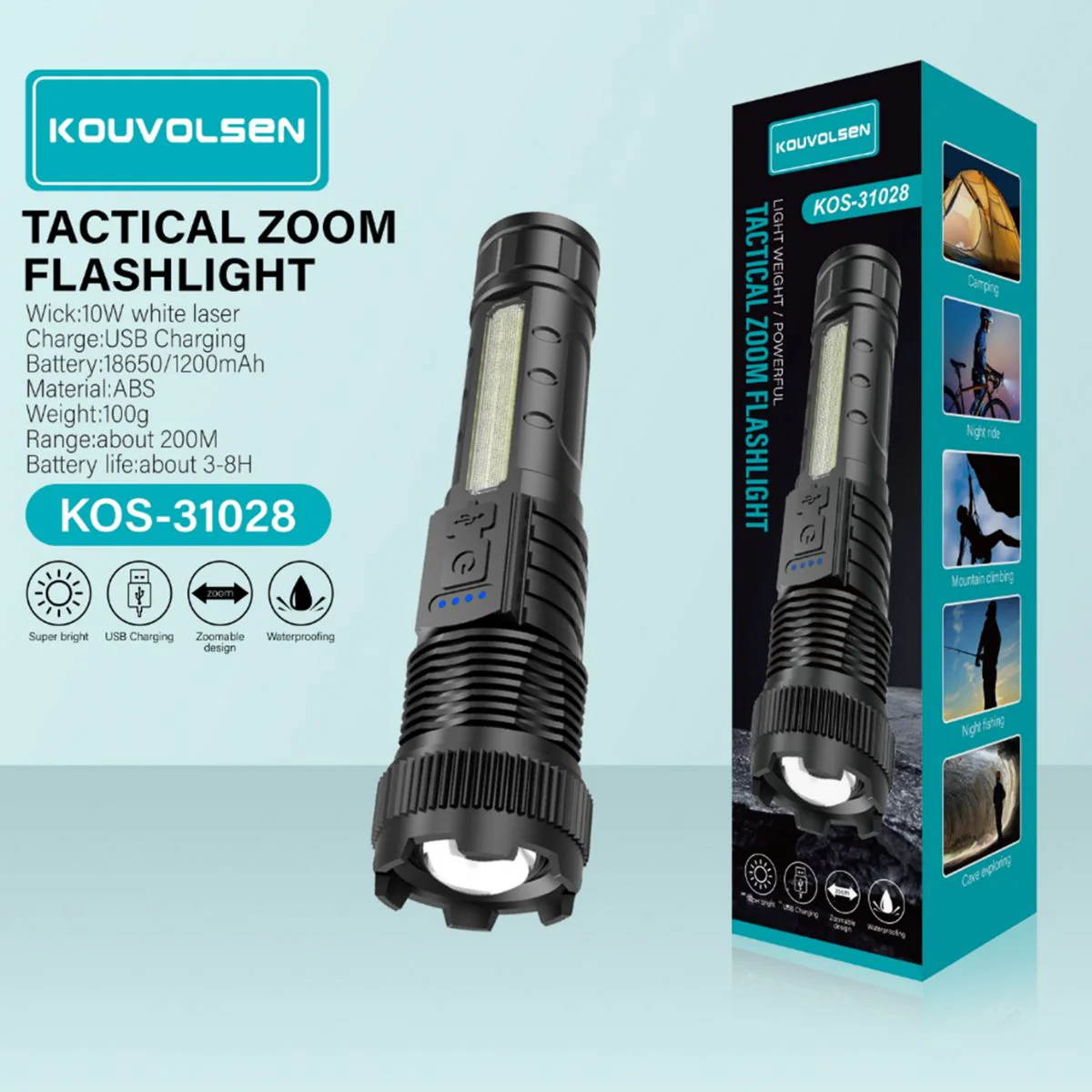 Linterna LED Recargable De Alta Potencia 10W. Luz Blanca Con Zoom Ajustable. Alcance Hasta 200 Metros. Resistente Al Agua.