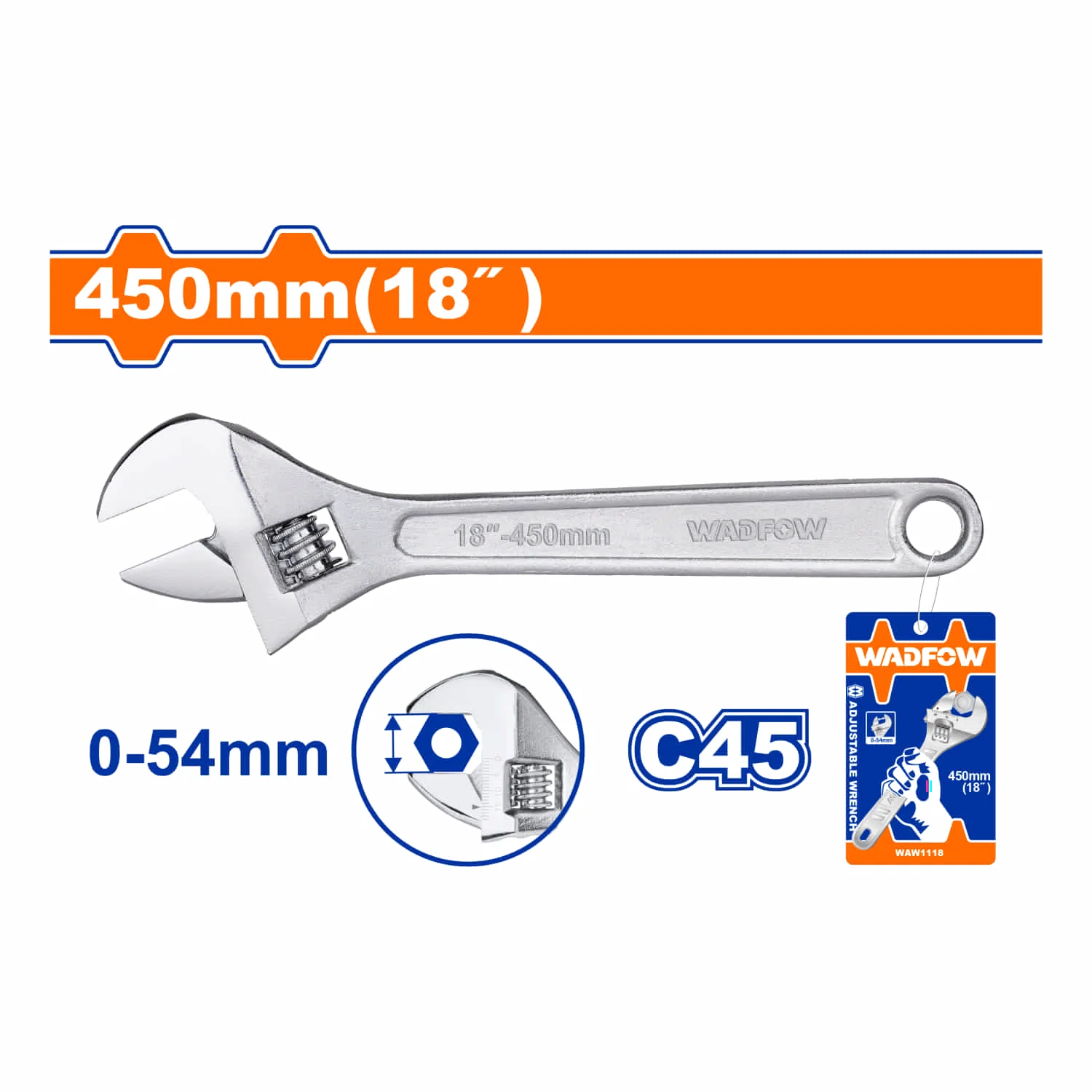 Llave Ajustable 18" Ajustable: 0-54Mm Acero Al Carbono. Llave Francesa. - Image 2