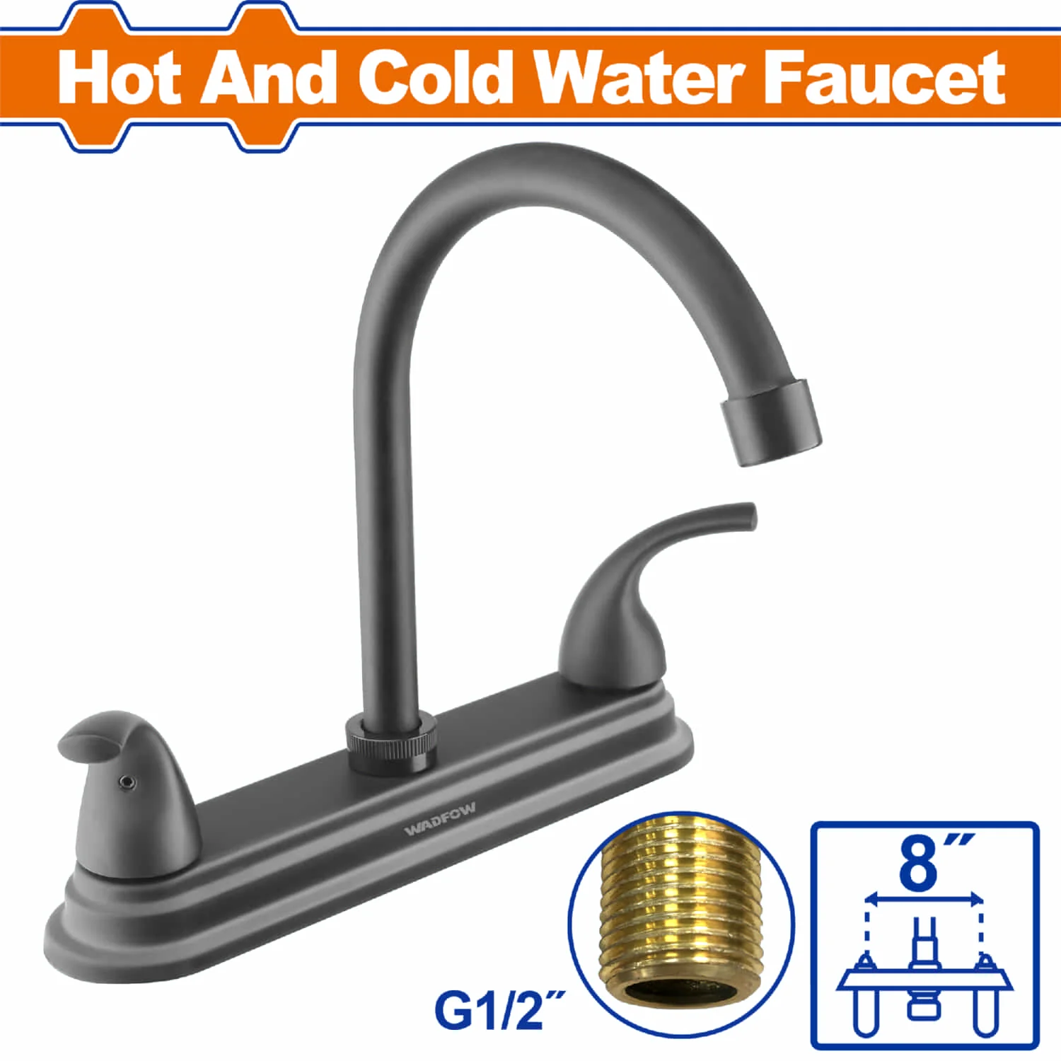 Llave De Fregador De 8¨ Con Cuello Alto Para Agua Fría Y Caliente. Acabado Negro Mate. Latón+Zinc