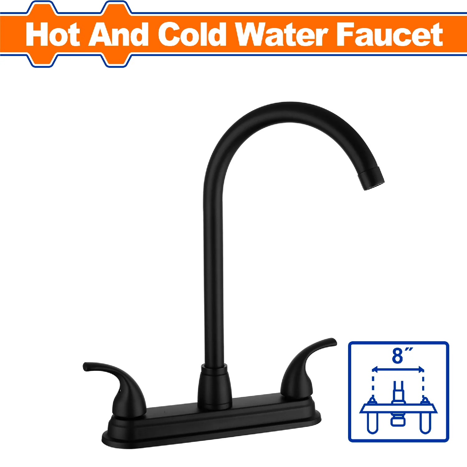 Llave De Fregador De 8¨ Con Cuello Alto Para Agua Fría Y Caliente. Acabado Negro Mate. Latón+Zinc - Image 2