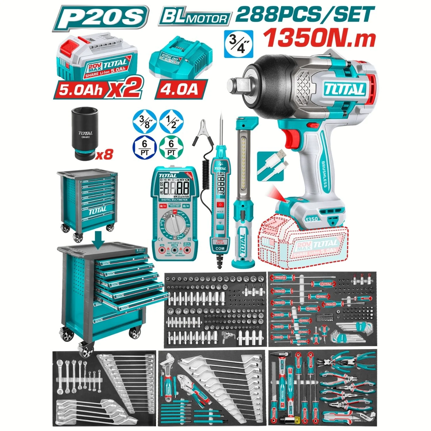 Llave De Impacto 1350Nm Con Set De Herramientas 288 Piezas Con Gabinete,Baterías 20 V Y Accesorios