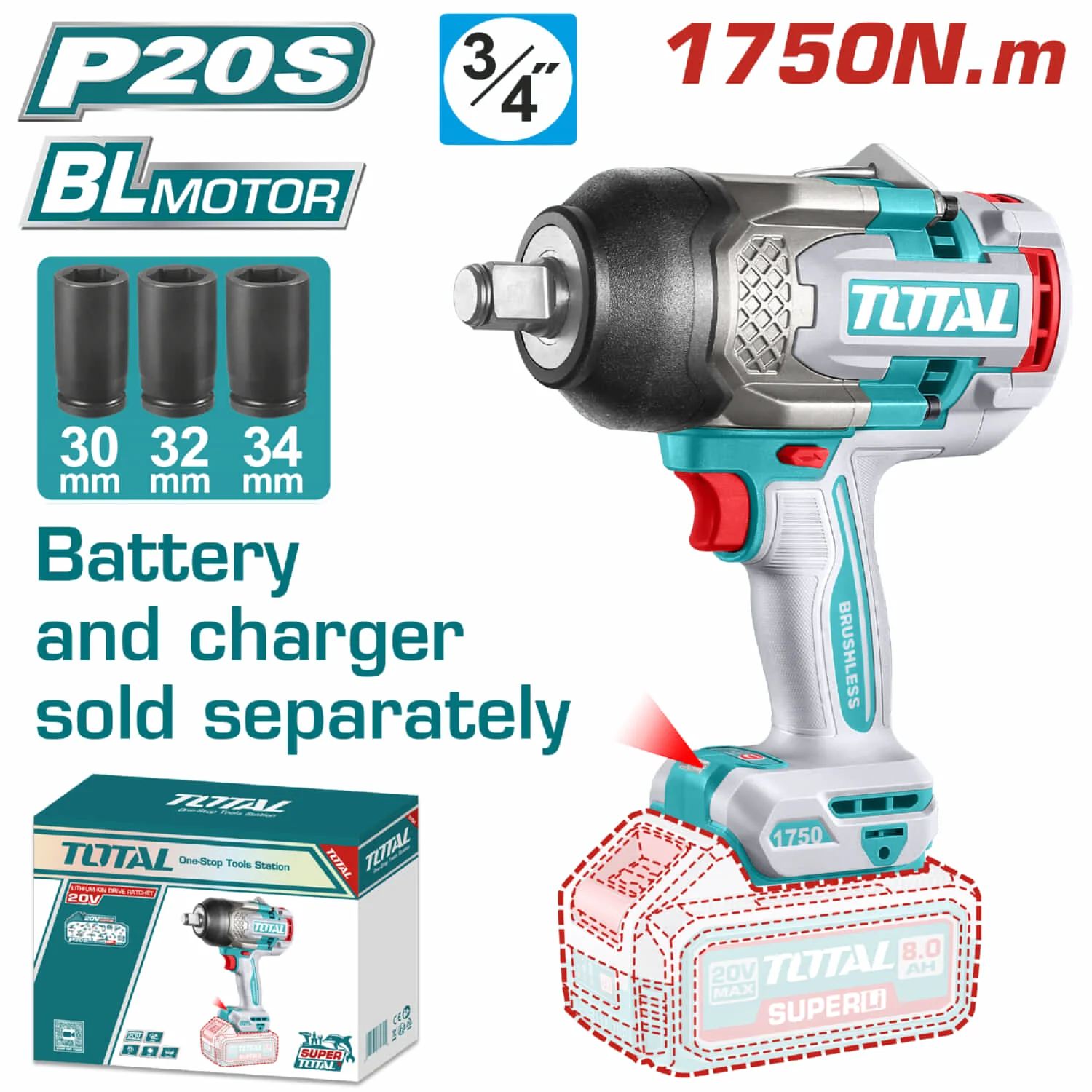 Llave De Impacto Cuadrado 20V 3/4" Motor Sin Escobillas. 1750Nm Batería Y Cargador Por Separado. Super Total