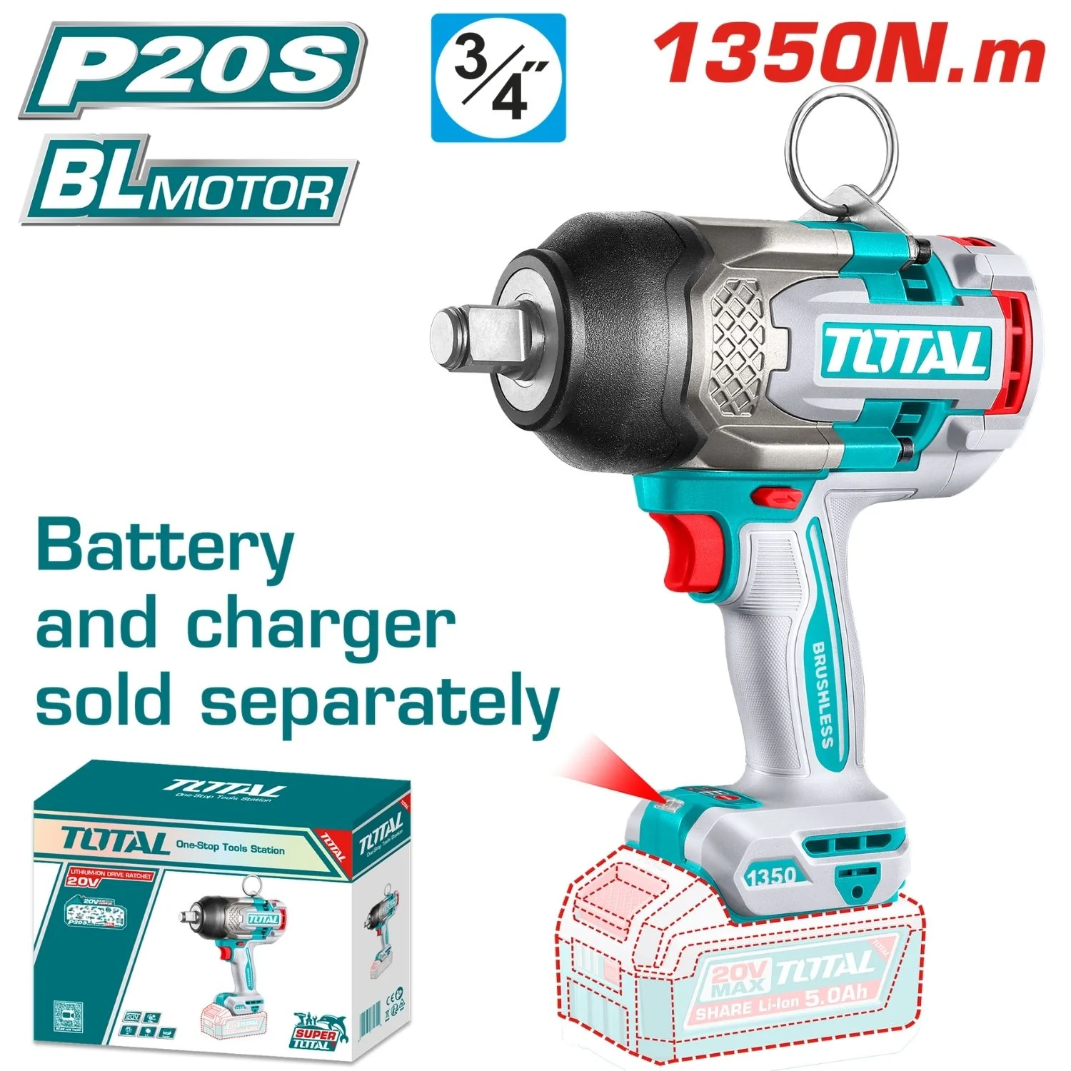 Llave De Impacto Dado Cuadrado 20V 3/4" Motor Sin Escobillas. 1350Nm Batería Y Cargador Se Venden Por Separado.
