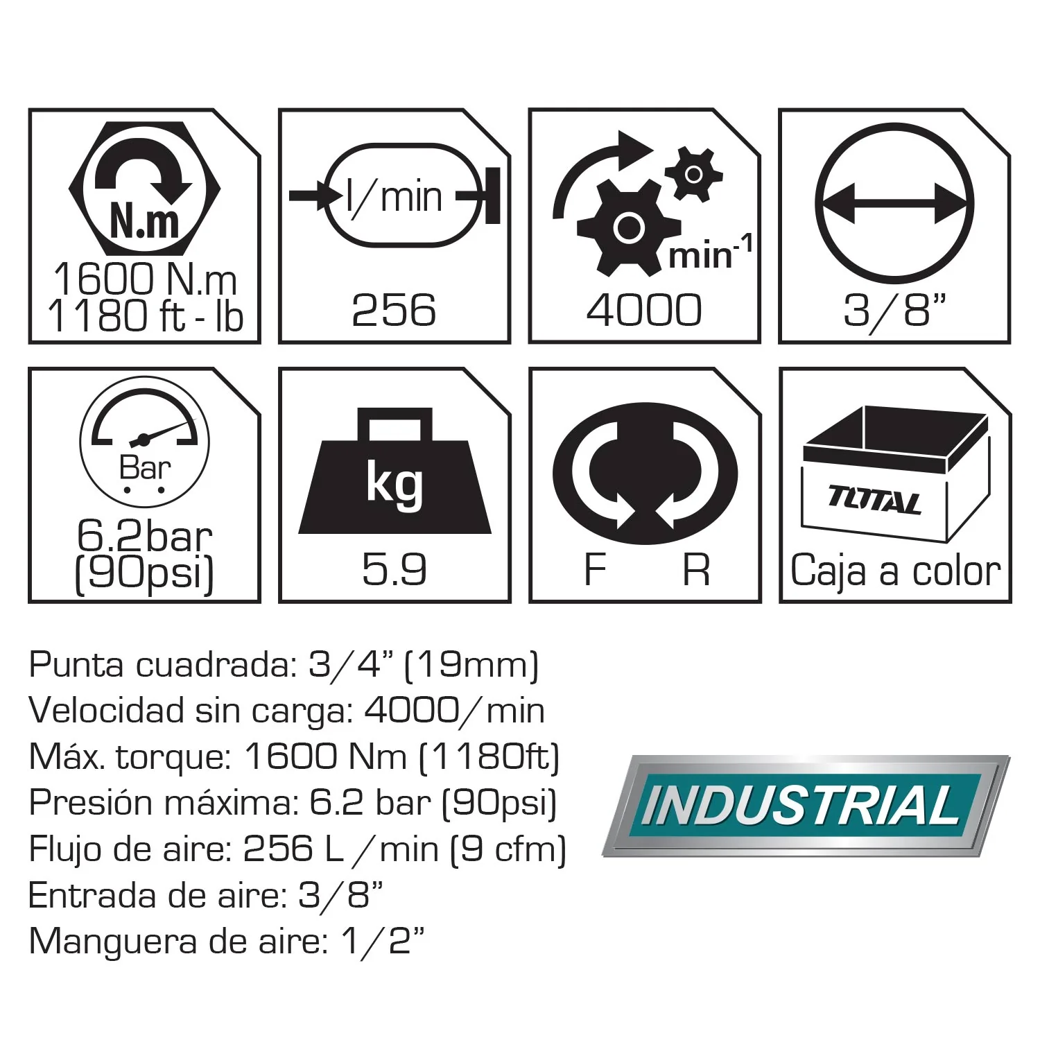 Llave De Impacto De Aire De 19 Mm ( 3/4" ). Velocidad Max 4000 Rpm. Torque Max. 1600 Nm (1180 Ft). - Image 2