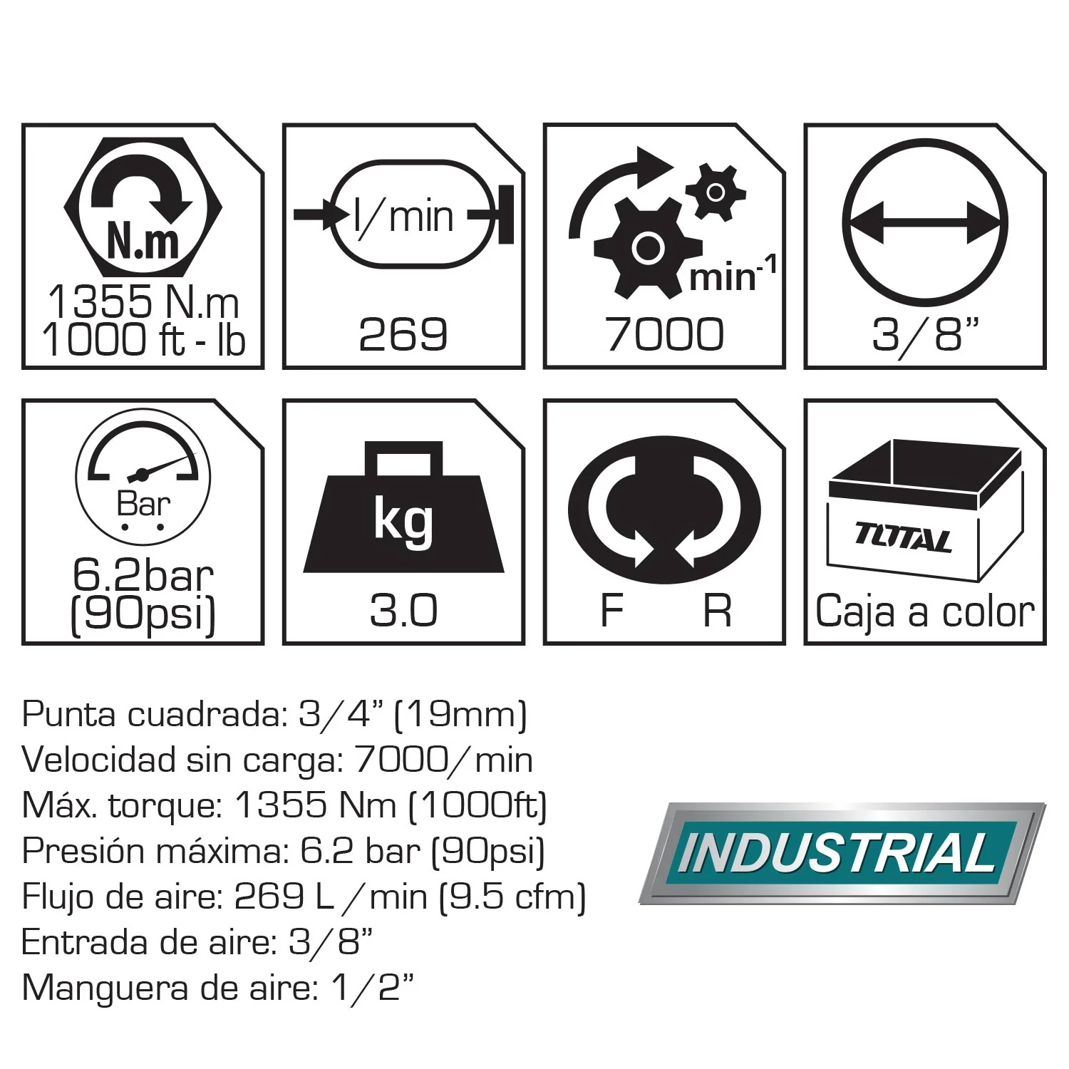 Llave De Impacto Neumática 3/4" No-Load Speed:7000 Rpm Max.Torque:1355Nm(1000Ft) - Image 3