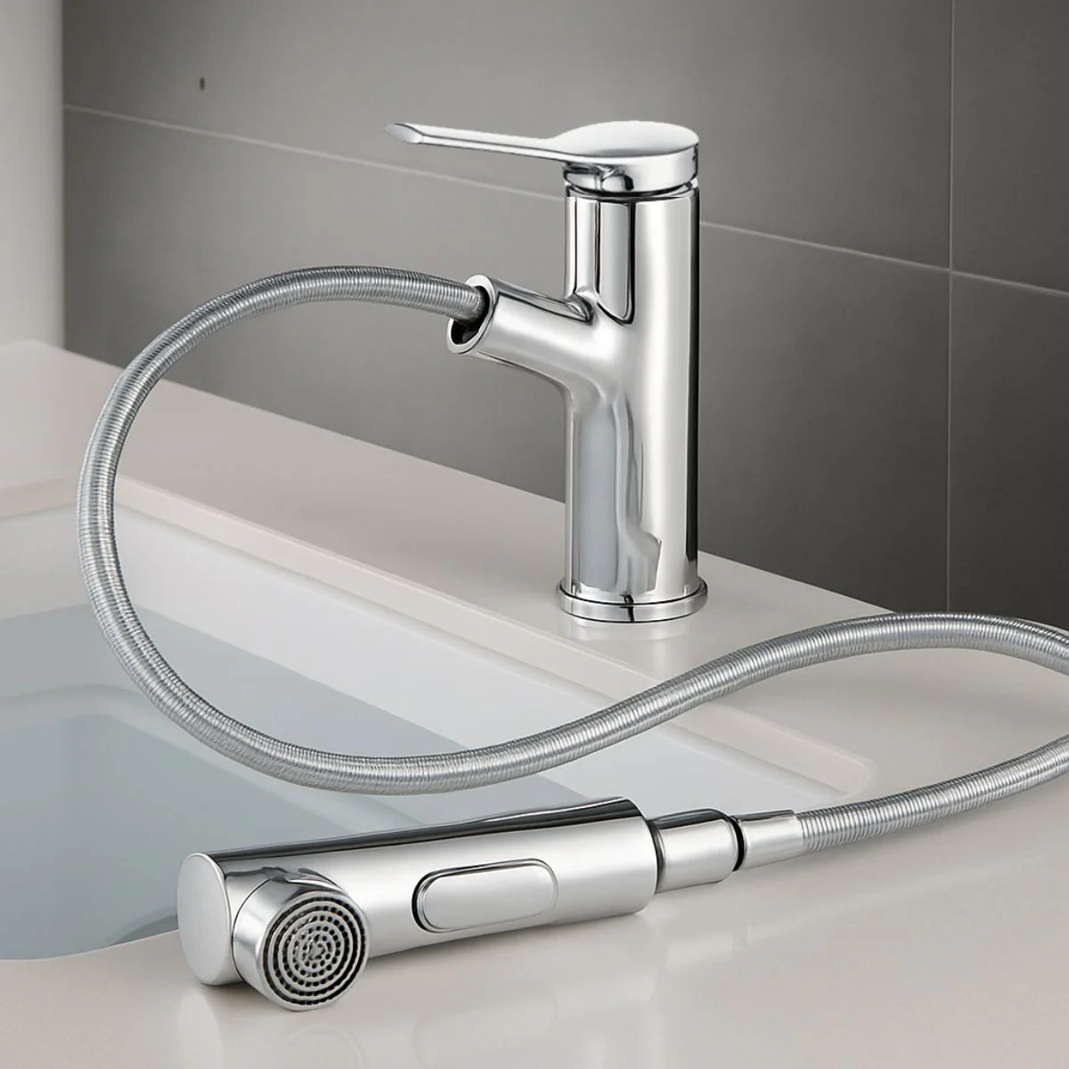 Llave De Lavamanos Extraíble Con Alcance De 60Cm. Grifo De Lavabo Color Plateado. Pluma Con Doble Función. - Image 2