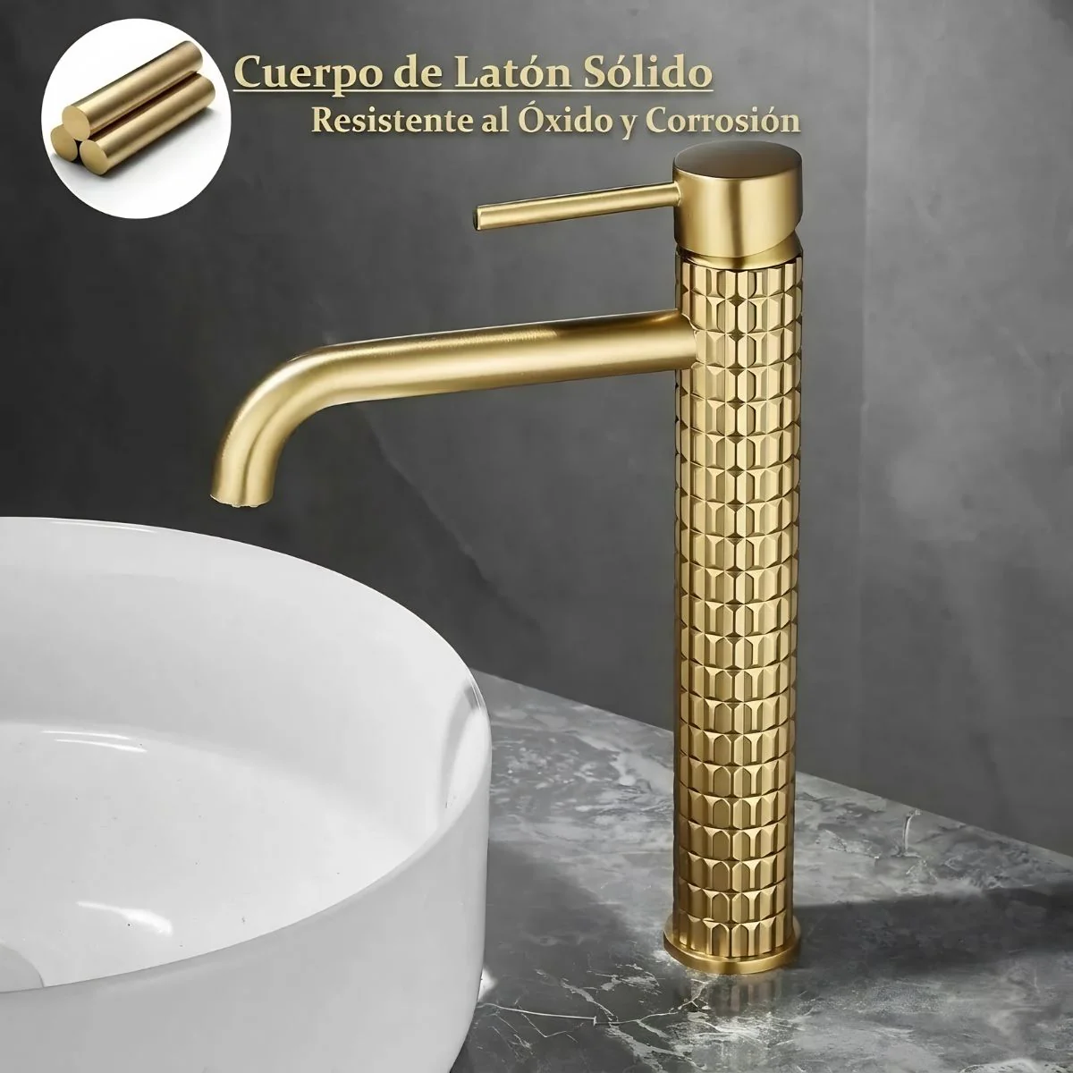 Llave De Lavamanos Individual. Grifo De Lavabo Color Dorado. Pluma. Modelo Alto (28.5Cm). Incluye Dos Mangueras Flexibles De 60Cm. - Image 3