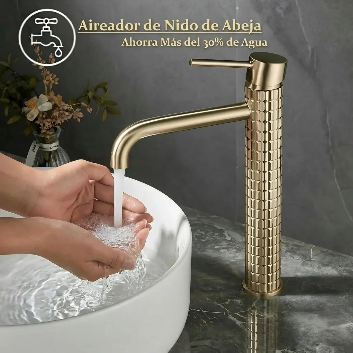 Llave De Lavamanos Individual. Grifo De Lavabo Color Dorado. Pluma. Modelo Alto (28.5Cm). Incluye Dos Mangueras Flexibles De 60Cm. - Image 4