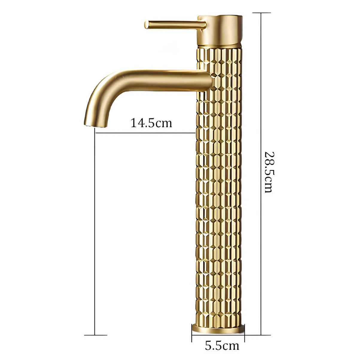 Llave De Lavamanos Individual. Grifo De Lavabo Color Dorado. Pluma. Modelo Alto (28.5Cm). Incluye Dos Mangueras Flexibles De 60Cm. - Image 5