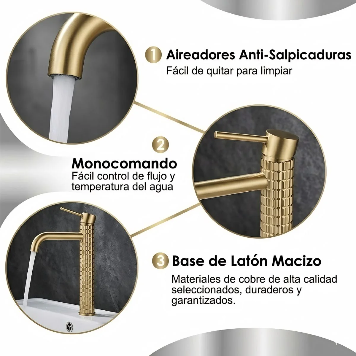 Llave De Lavamanos Individual. Grifo De Lavabo Color Dorado. Pluma. Modelo Bajo (19Cm). Incluye Dos Mangueras Flexibles De 60Cm. - Image 2