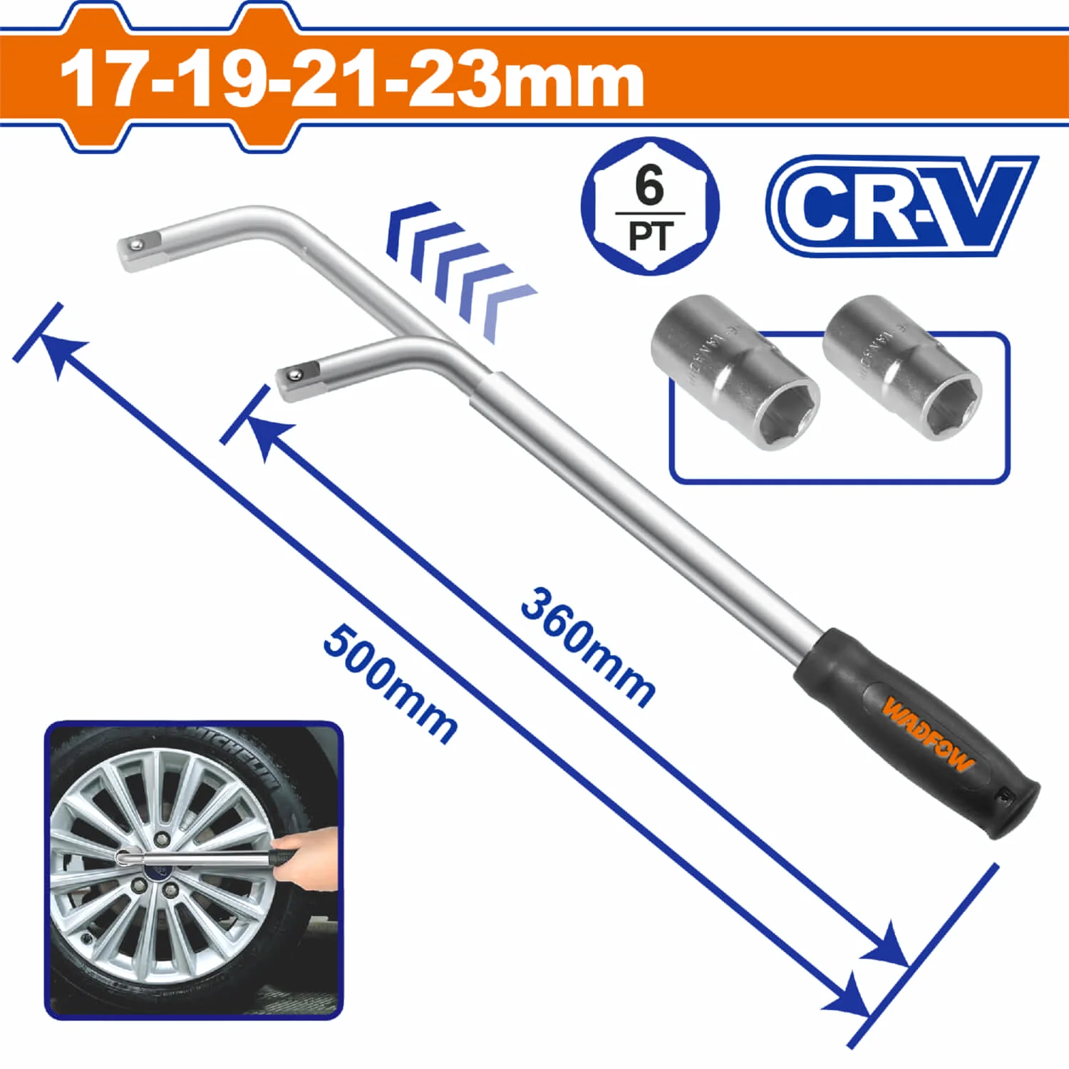 Llave Telescopica 1/2" 360-500Mm Con Dados Intercambiables 17-19Mm Y 21-23Mm Cr-V Tratada Termicamente