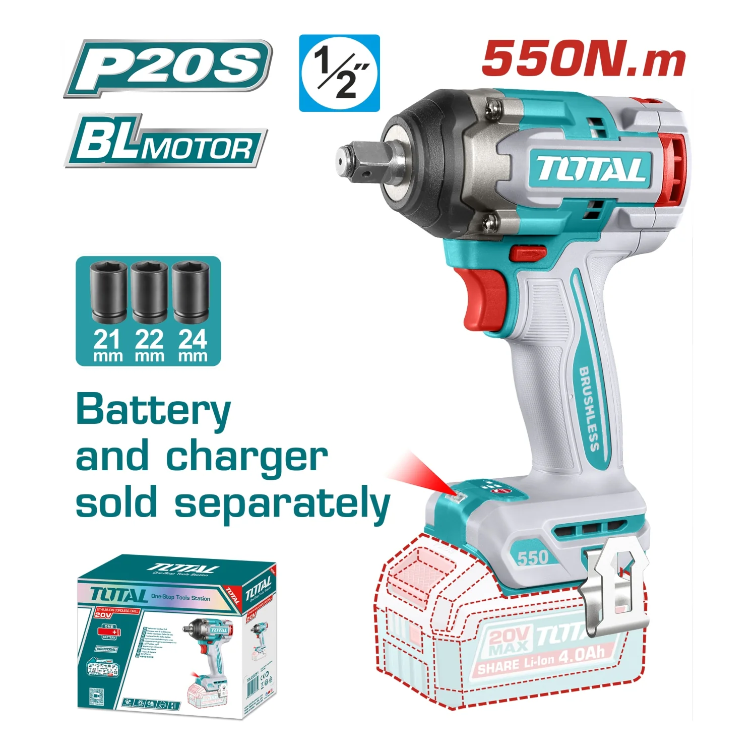 Llave Impacto Dado Cuadrado 1/2" 20V 555Nm. Motor Sin Escobillas. Batería Y Cargador Por Separado.