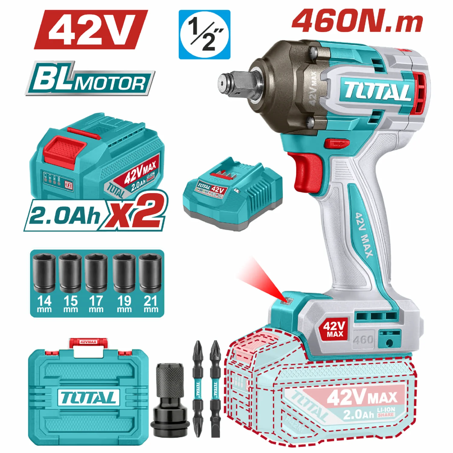 Llave Impacto Dado Cuadrado 1/2" 42V. Motor Sin Escobillas. 460Nm. 2 Baterías Y 1 Cargador.