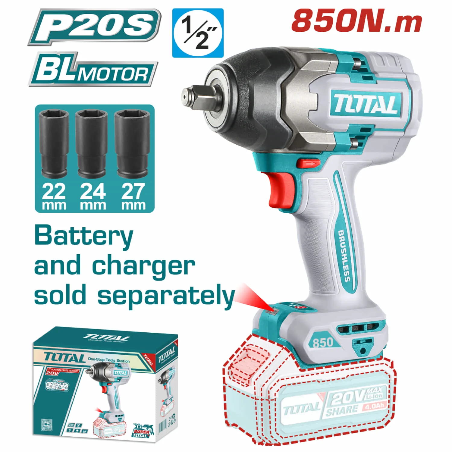 Llave Impacto Dado Cuadrado 20V 1/2" Motor Sin Escobillas. 850Nm Batería Y Cargador Se Venden Por Separado. Super Total