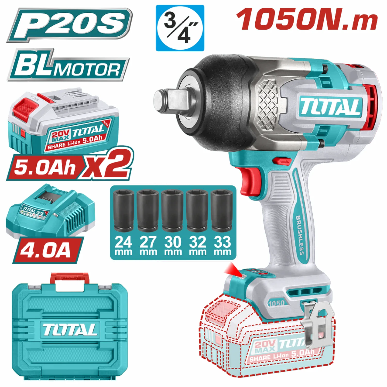 Llave Impacto Dado Cuadrado 20V 3/4" Motor Sin Escobillas. 1050 Nm  Incluye 2 Baterías Y Cargador. Super Total