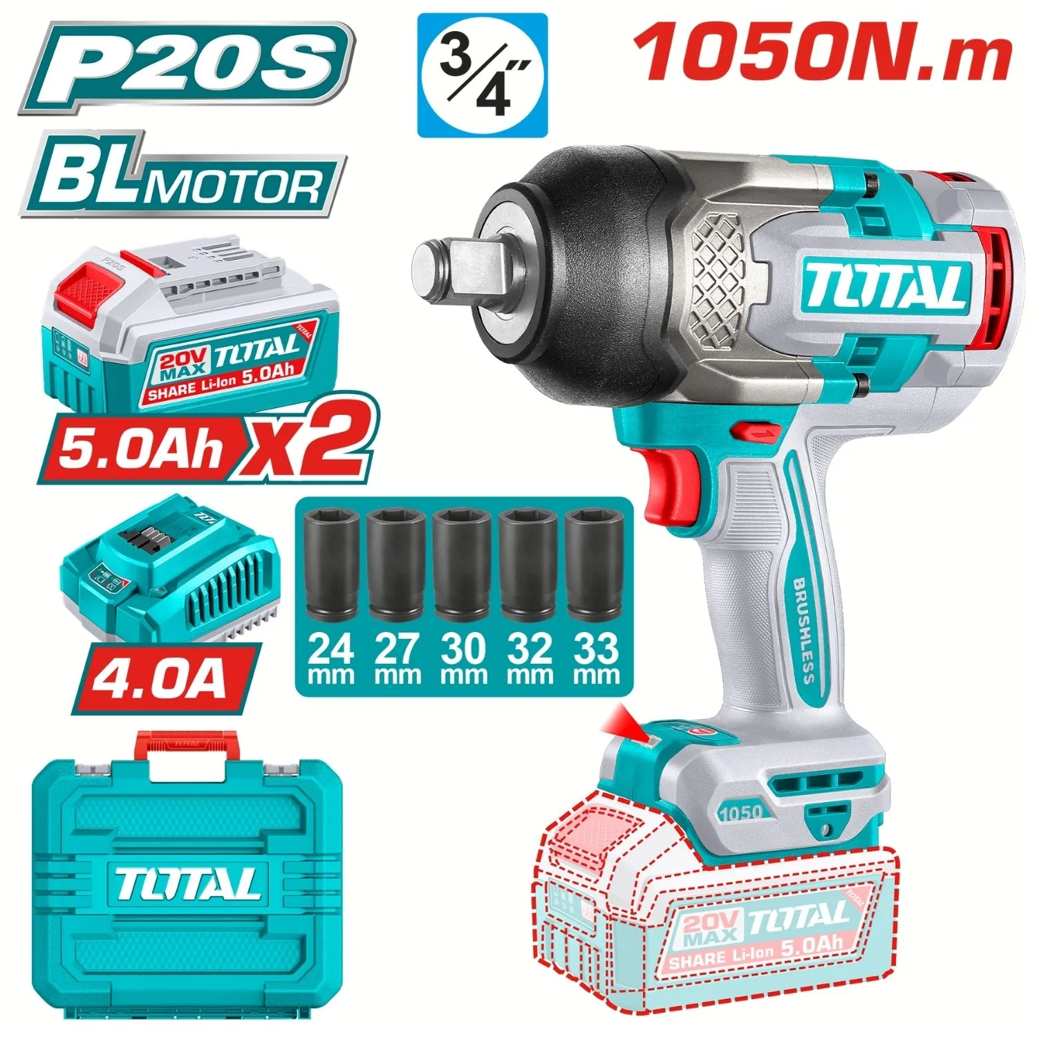 Llave Impacto Dado Cuadrado 20V 3/4" Motor Sin Escobillas. 1050 Nm  Incluye 2 Baterías Y Cargador. Super Total - Image 2