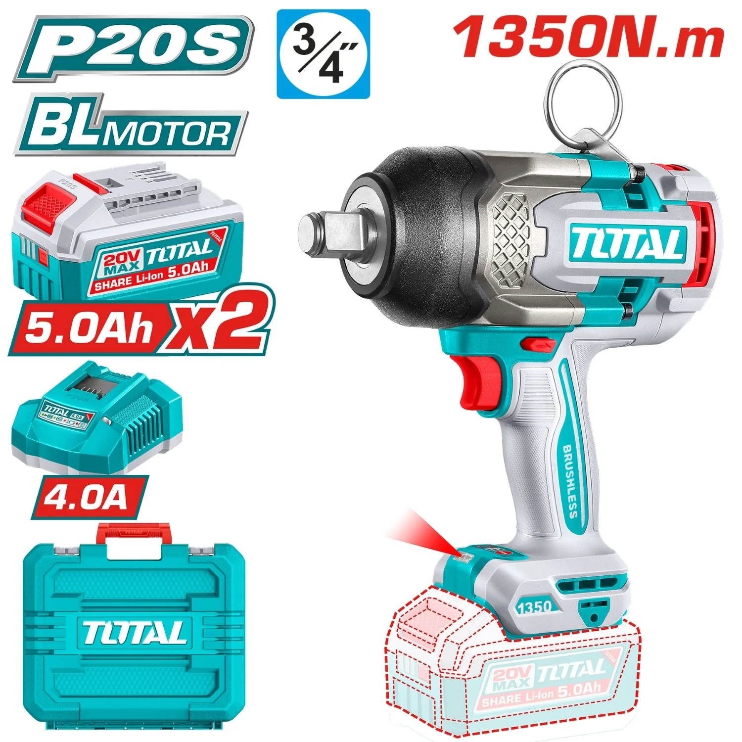 Llave Impacto Dado Cuadrado 20V 3/4" Motor Sin Escobillas. 1350Nm Incluye 2 Baterías 5.Ah  Y Cargador 4A. Super Total