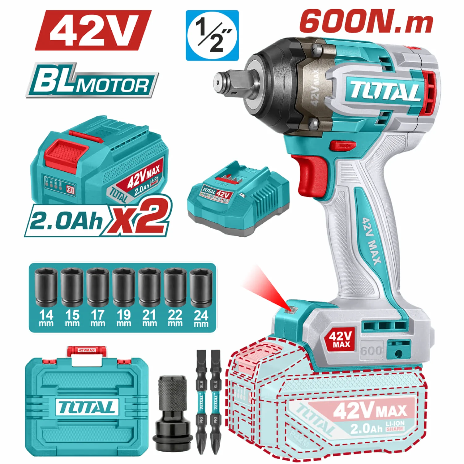 Llave Impacto Dado Cuadrado 42V 1/2" Motor Sin Escobillas. 600Nm Incluye 2 Baterías Y Cargador. Super Total