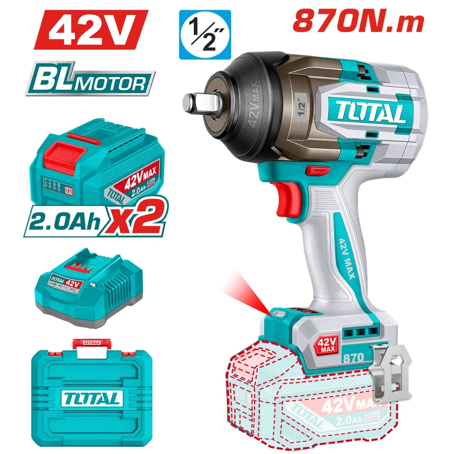 Llave Impacto Dado Cuadrado 42V 1/2" Motor Sin Escobillas. 870Nm Incluye 2 Baterías Y 1 Cargador. Super Total