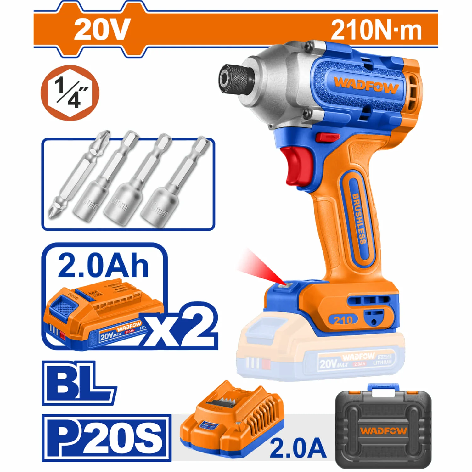 Llave Impacto Dado Hexagonal 1/4" 20V Motor Sin Escobillas. 210NM. Velocidad Sin Carga 0-2600Rpm. Incluye 1 Punta, 3 Adaptadores, 2 Baterías 2.0Ah Y 1 Cargador