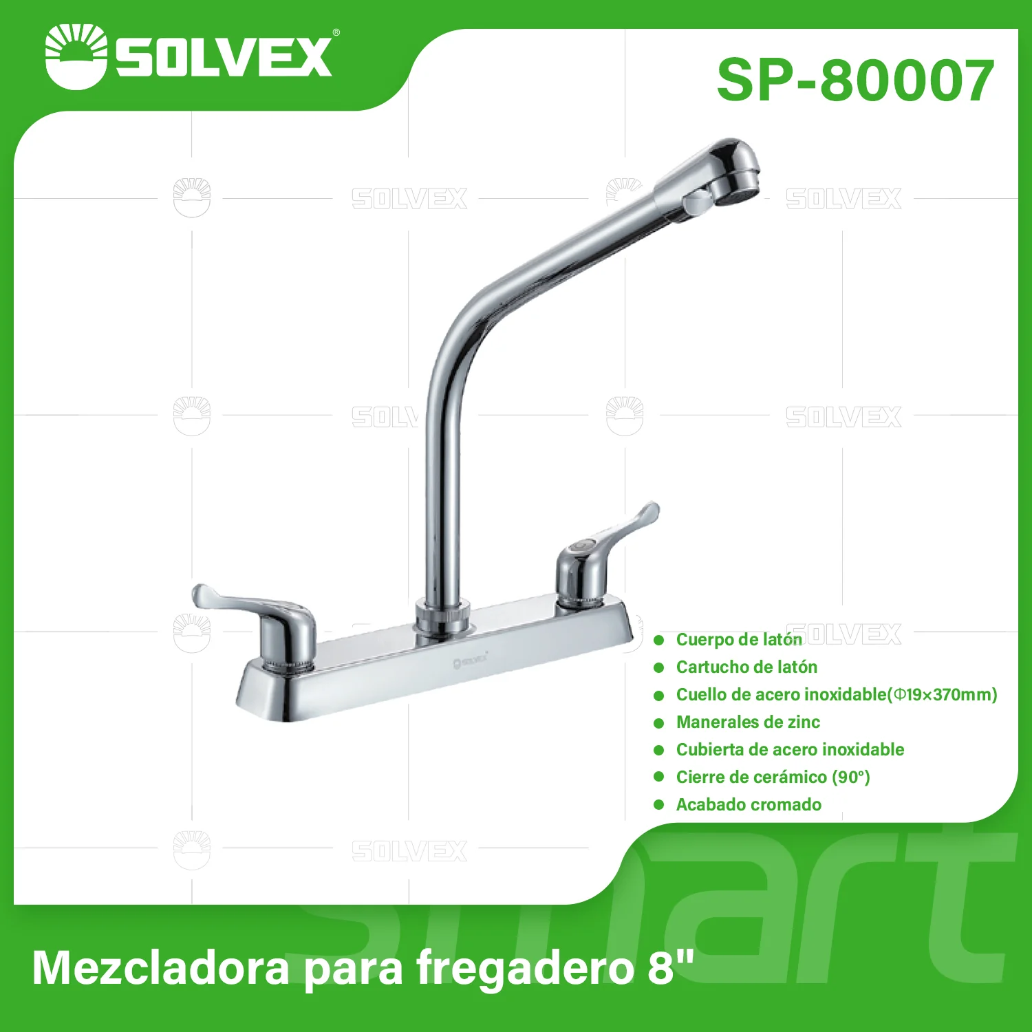 Llave Mezcladora 8" Para Fregador De Cocina. Grifo Pluma De Latón Con Manerales De Zinc Y Tubo De Acero Inoxidable.