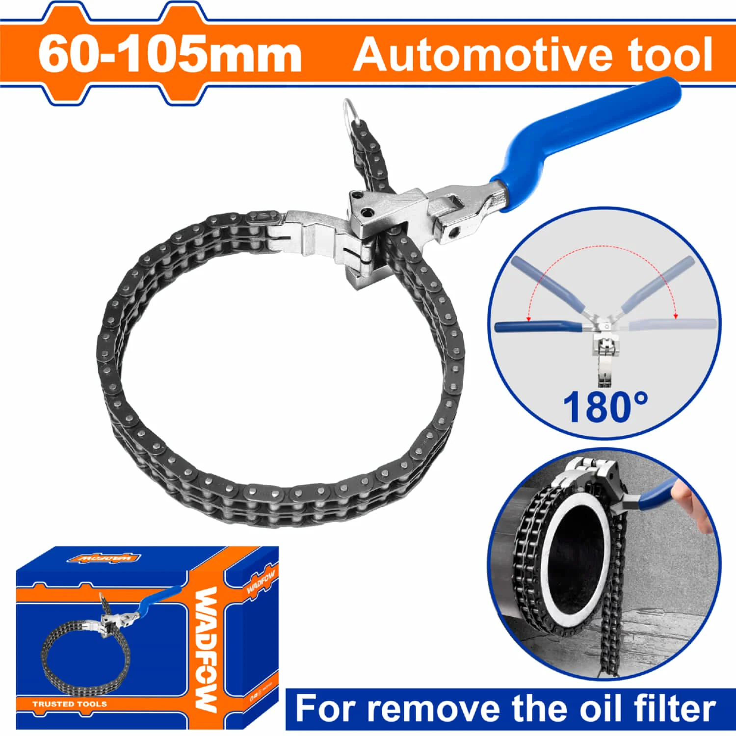 Llave De Cadena Para Filtro De Aceite  Rango 60-105Mm Acero Mn Mango 180° Ideal Para Remover Filtro De Aceite.