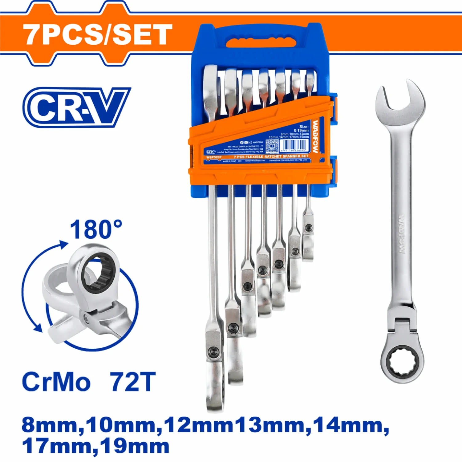 Llaves Combinadas Flexibles Ratchet De 7 Pzas. 8-19Mm. Acabado Pulido. Cr-V (Juego)