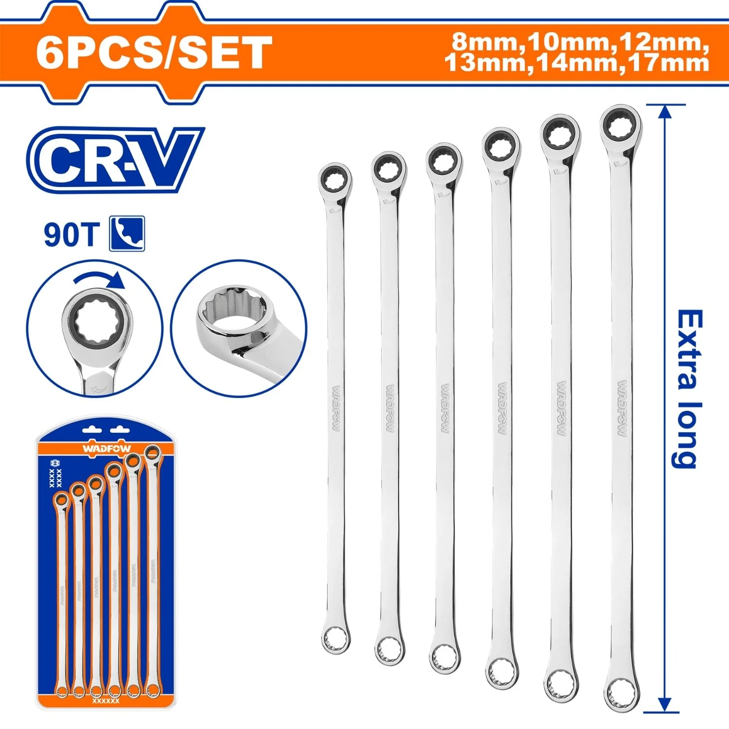 Llaves Ratchet De Doble Anillo Extralargas. Medidas: 8–17 Mm Cr-V Pulido. Set 6 Piezas.