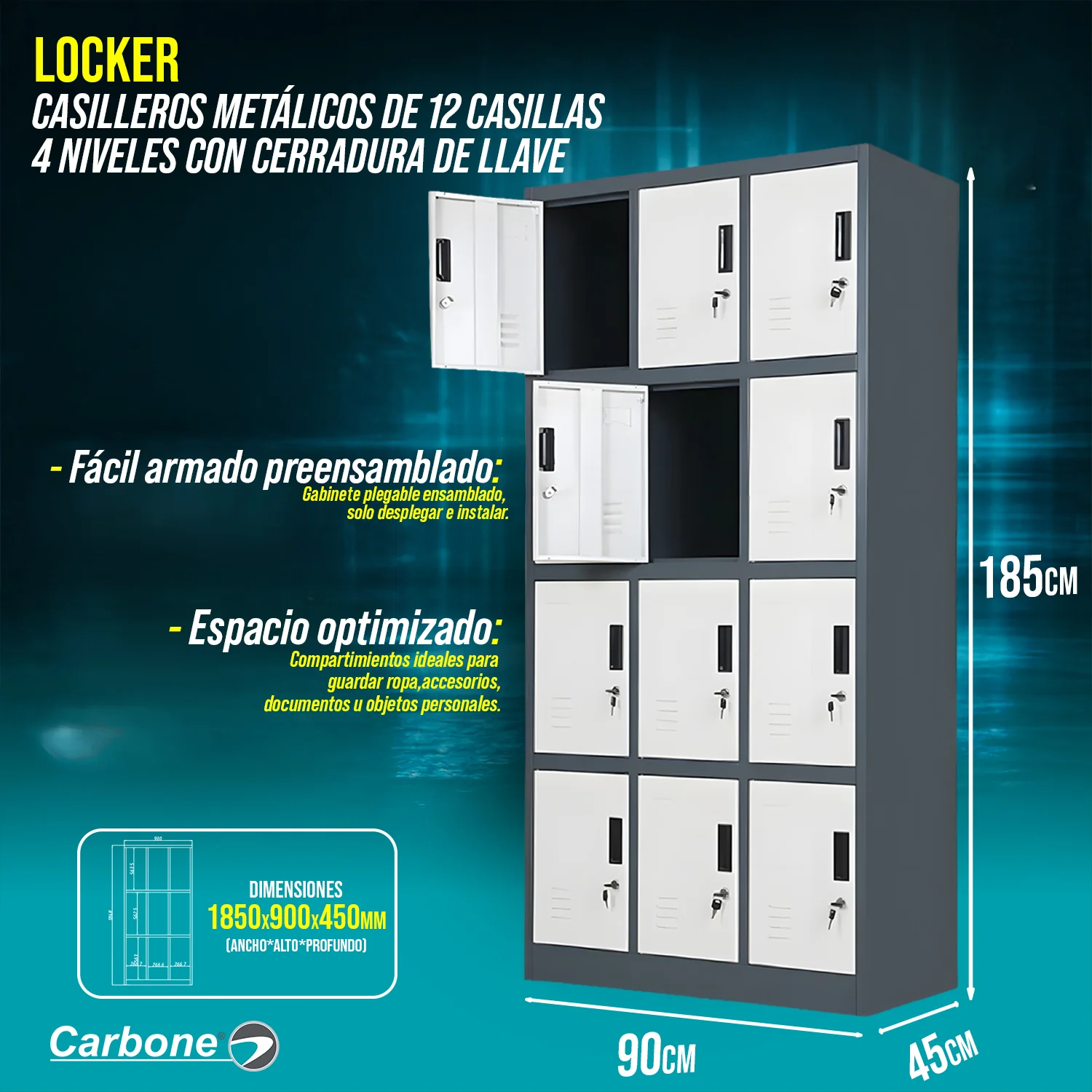 Locker Casilleros Metálicos De 12 Casillas 4 Niveles Con Cerradura De Llave 1850X900x450mm