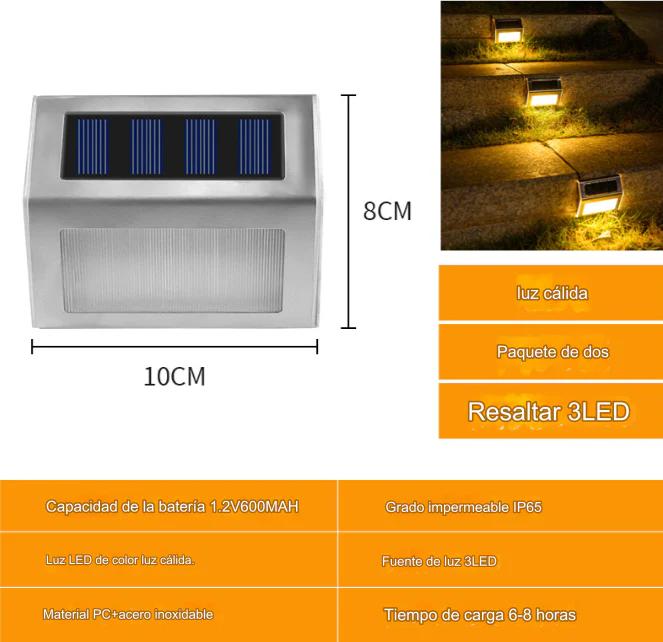 Luces LED Con Panel Solar Para Escaleras Exteriores (Pack De 2 Pzas). Luz Cálida Amarilla 3 LED En Acero Inoxidable De Pared O Escalera. - Image 2