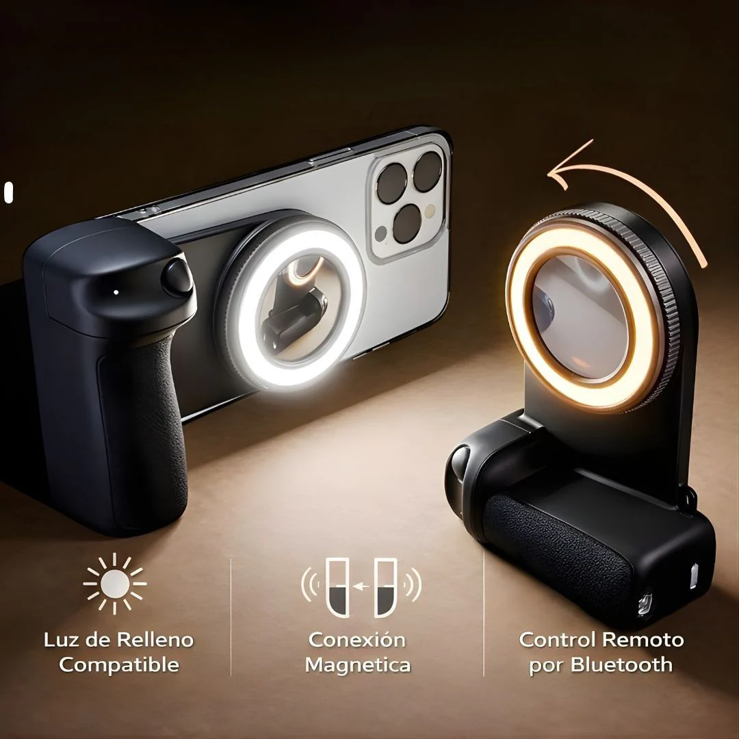 Luz LED Para Celular Con Control Bluetooth 750Mah. Aro De Luz Portátil Recargable USB-C Con Brillo Ajustable Y Conexión Magnética. Color Negro (11.7X4x8.3Cm). - Image 2