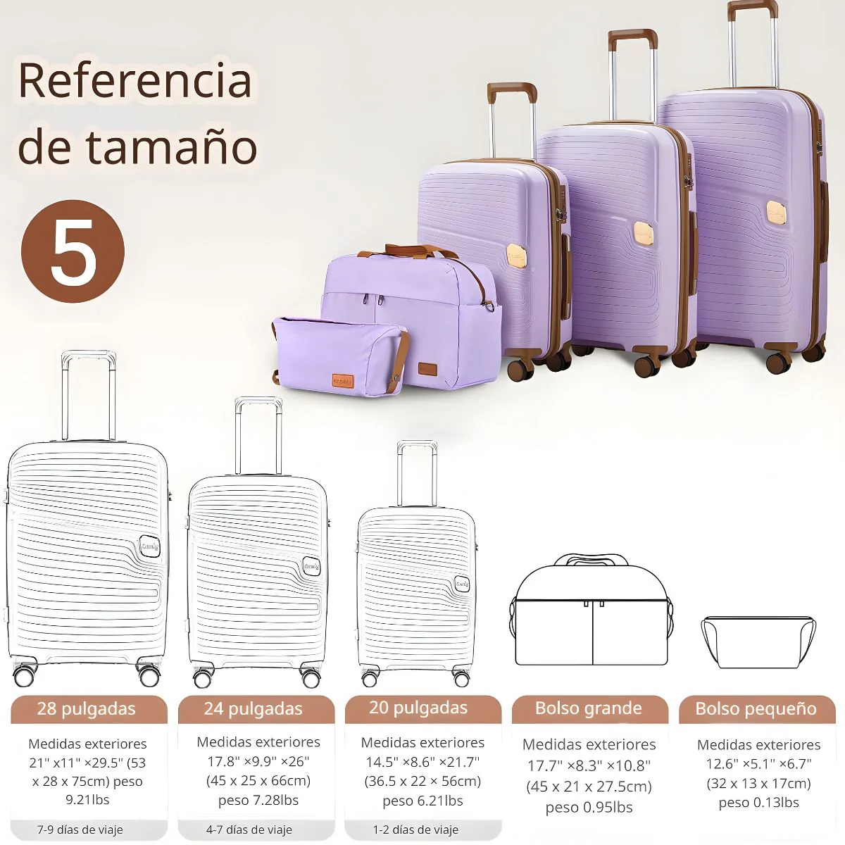 Maletas Equipaje De Viaje Con Candado De Combinación Integrado. Set De 3 Maletas Rígidas De Ruedas 360° + 2 Bolsos De Mano (5 Pzas). - Image 2