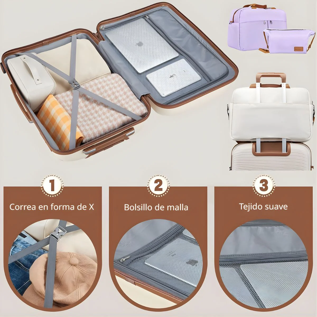 Maletas Equipaje De Viaje Con Candado De Combinación Integrado. Set De 3 Maletas Rígidas De Ruedas 360° + 2 Bolsos De Mano (5 Pzas). - Image 3