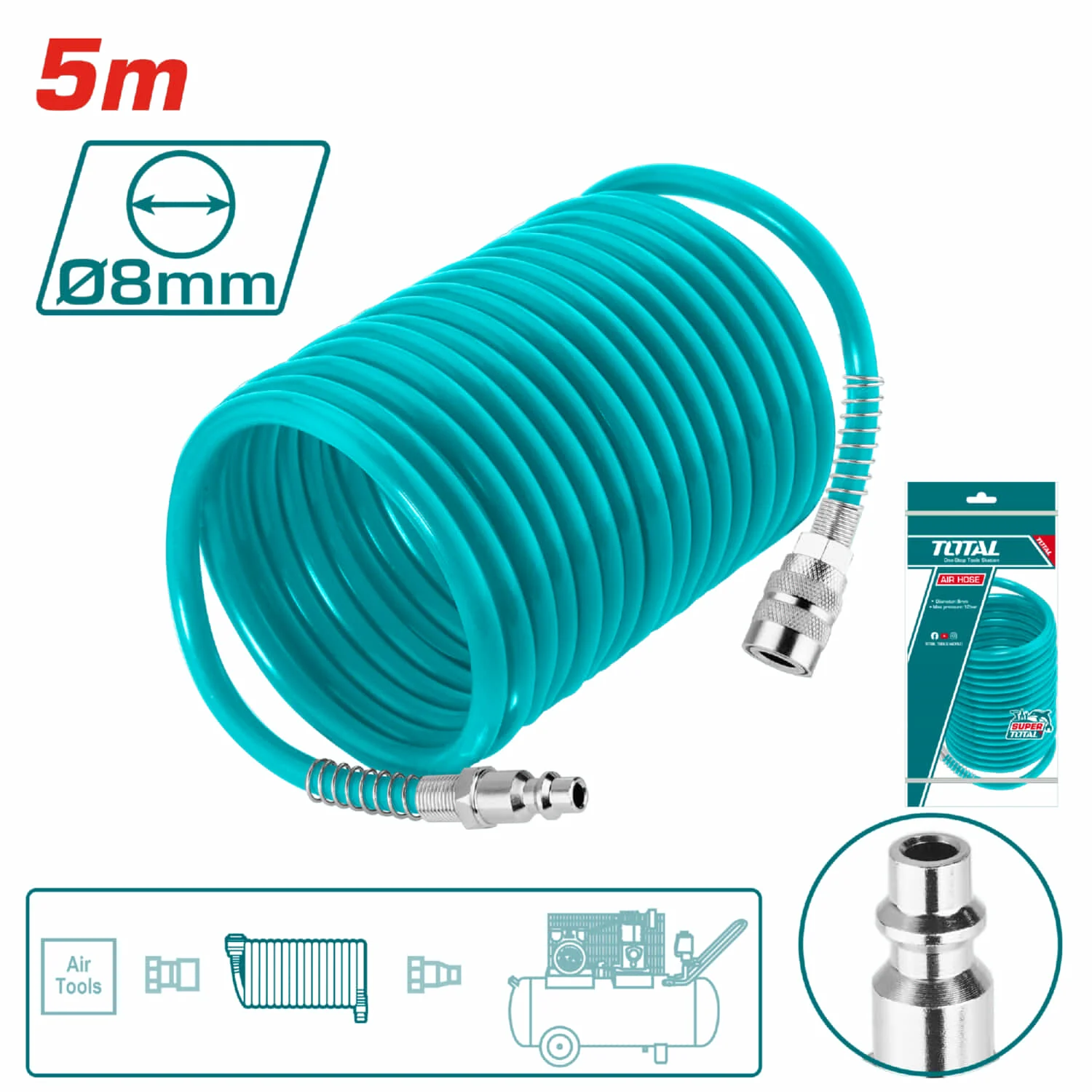 Manguera De Aire De 5M. Diámetro 8Mm. Solo Con Conectores Roscados. Para Compresor.