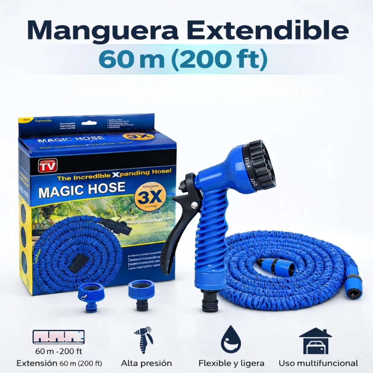 Manguera Expandible De Jardín 60 M (200 Ft) Color Azul Con Pistola De Alta Presión Riego Y Lavado Multifuncional A Prueba De Explosiones. - Image 2