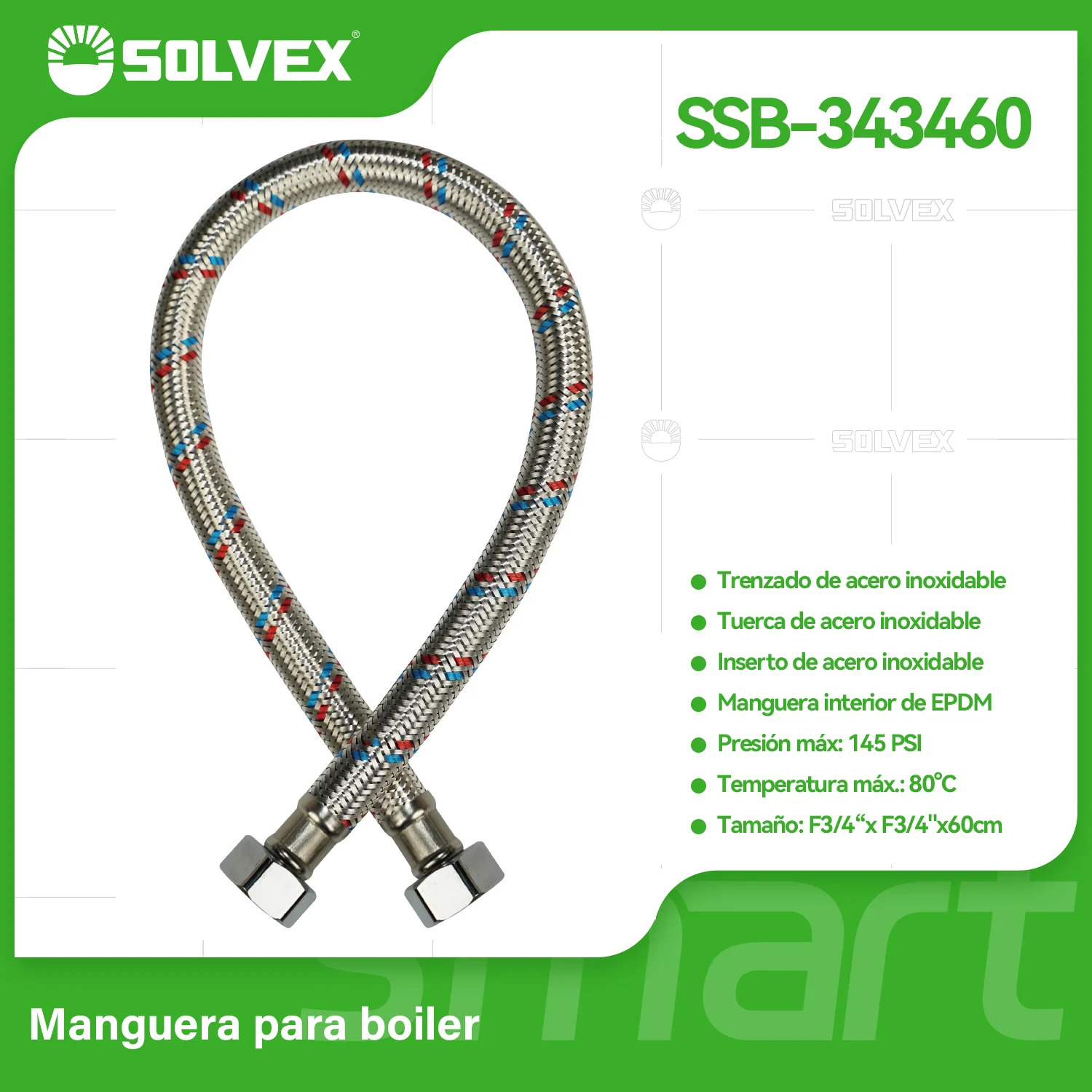 Manguera Flexible Para Boiler 60Cm. Tubo De Abasto Trenzado En Acero Inoxidable Para Calentadores H3/4" X H3/4".