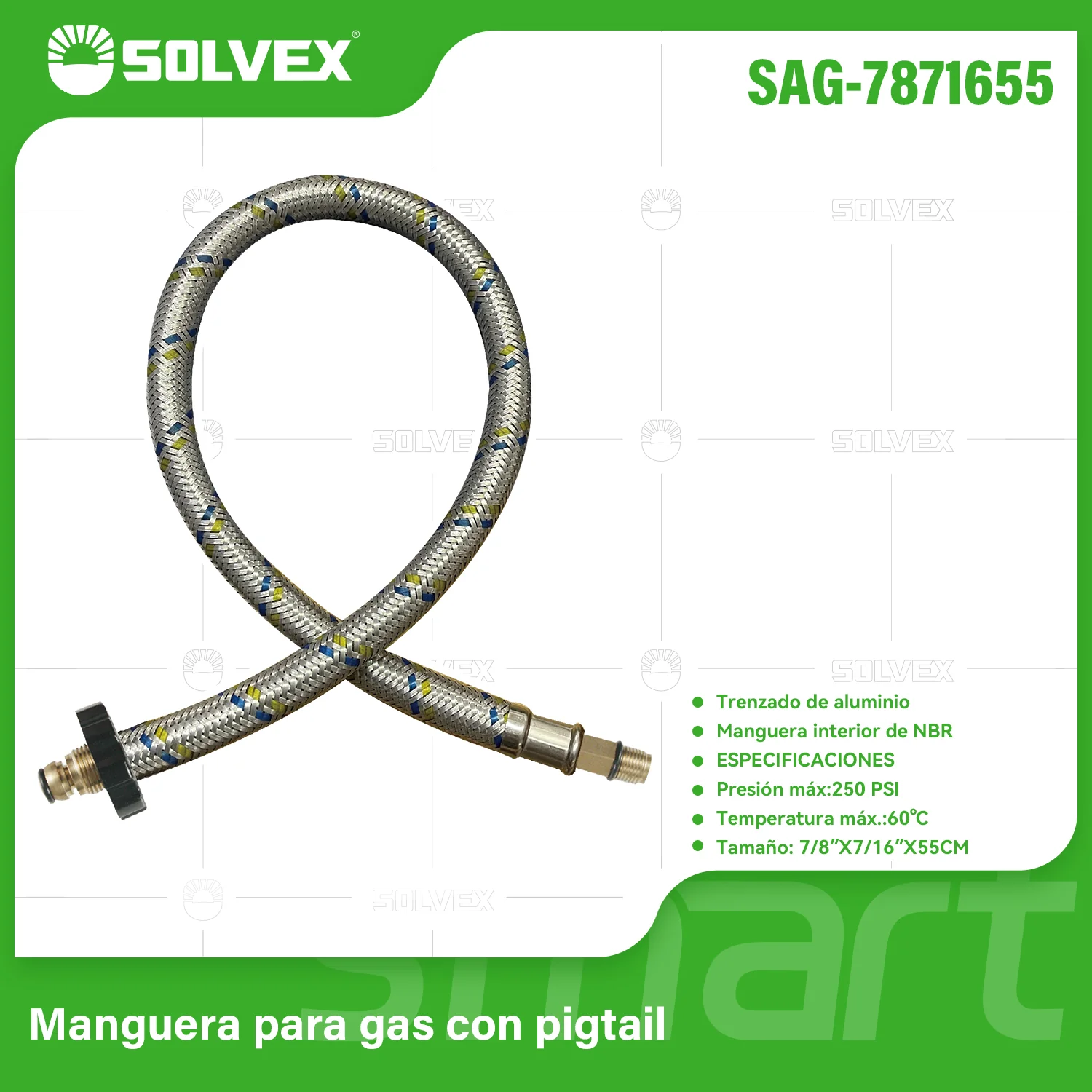 Manguera Para Gas Flexible 55Cm. Tubo De Abasto Trenzado En Aluminio M7/8'' X M7/16''.
