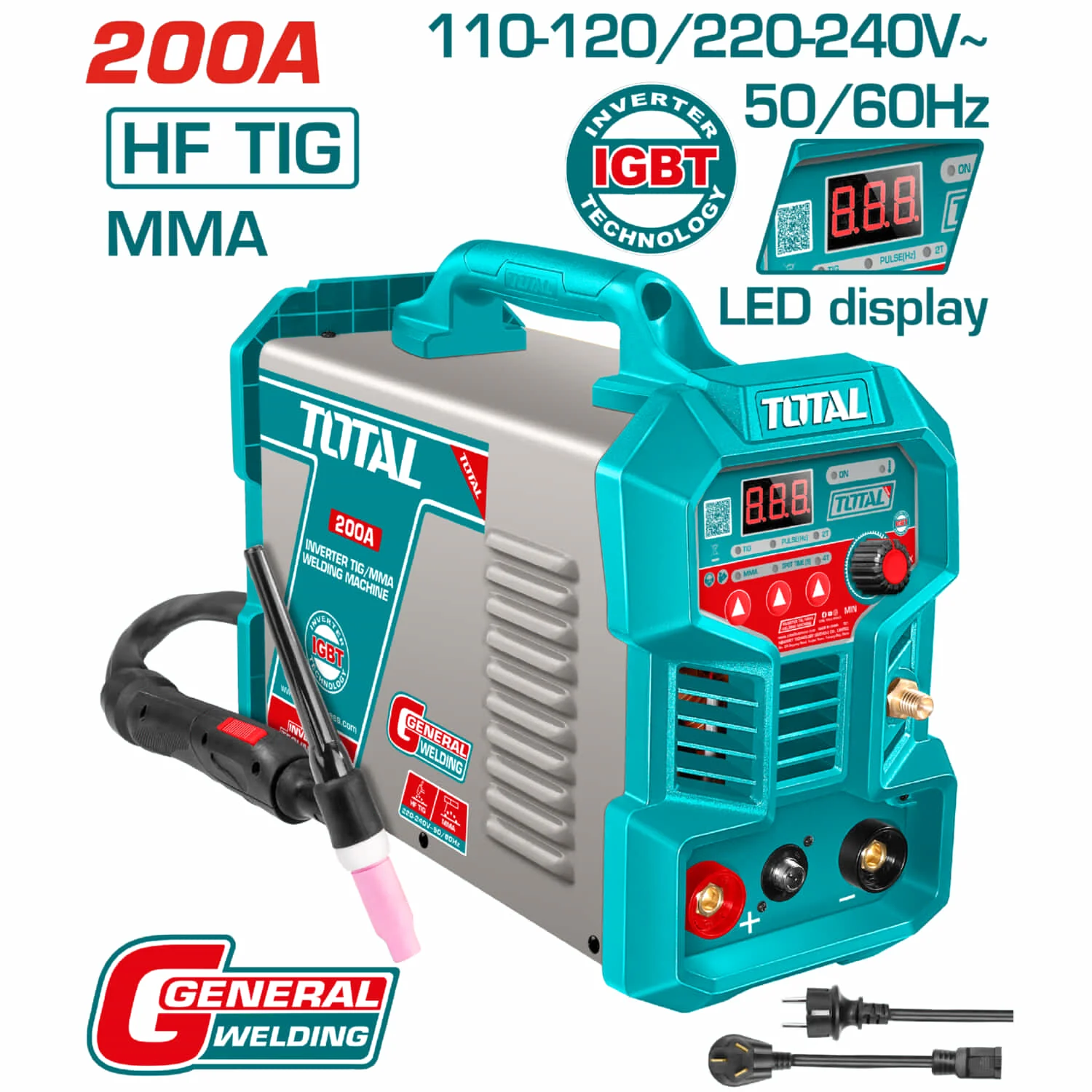 Máquina De Soldar Inverter TIG MMA 40% Ciclo De Trabajo. 200A.  110-120V-220. Pantalla LED.