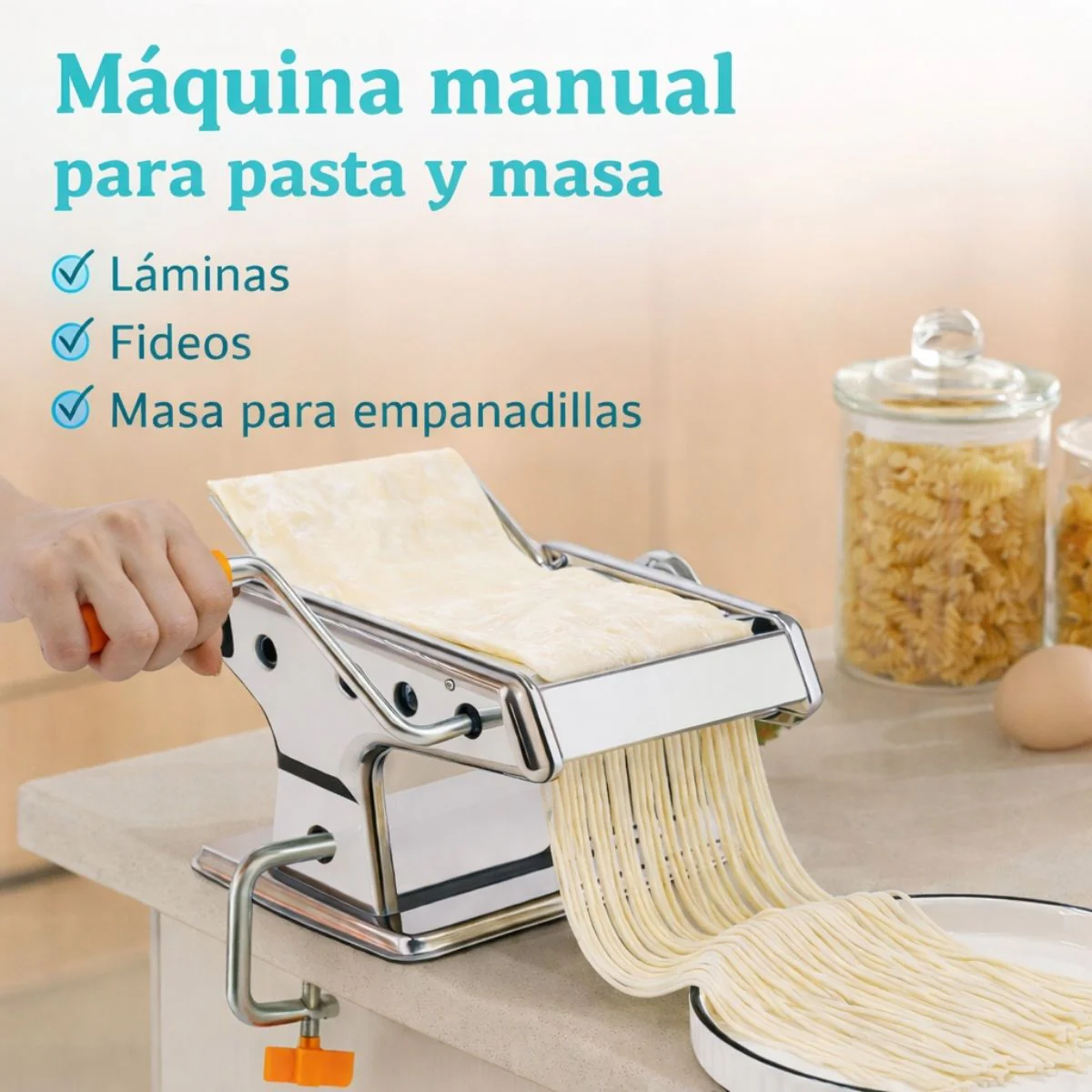 Máquina Manual Para Hacer Pasta Y Fideos De Acero Inoxidable Con 6 Niveles De Grosor Y 3 Cortes Ajustables. 230X210x195mm - Image 2