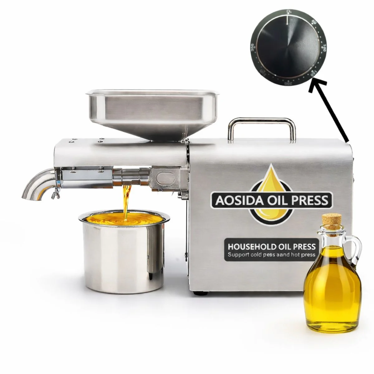 Máquina Prensa Extractora De Aceite En Frio Eléctrica 1250W En Acero Inoxidable 304 Con Control De Temperatura, Extractor De Aceite Prensado Frío/Caliente Con Precalentado