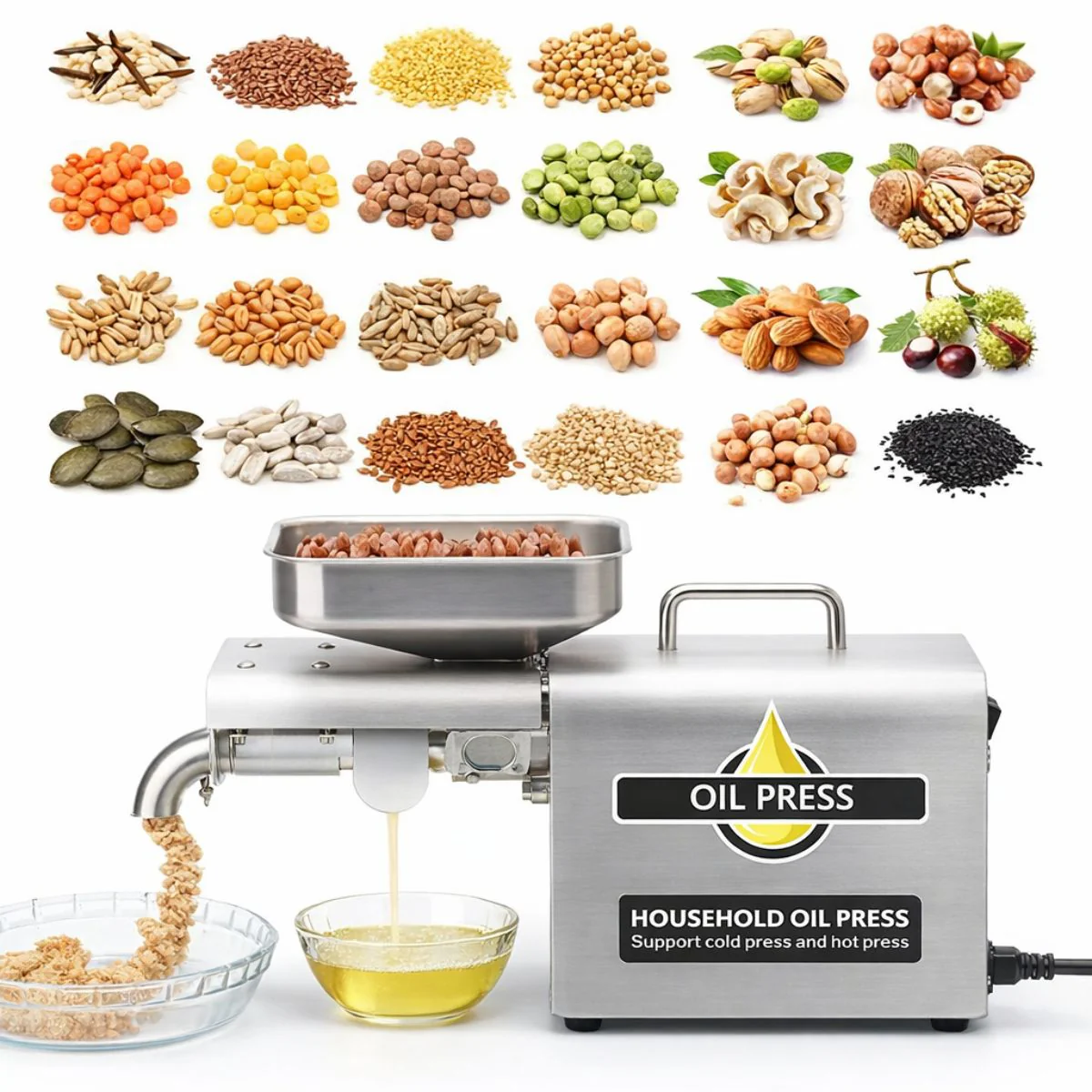 Máquina Prensa Extractora De Aceite En Frio Eléctrica 1250W En Acero Inoxidable 304 Con Control De Temperatura, Extractor De Aceite Prensado Frío/Caliente Con Precalentado - Image 2