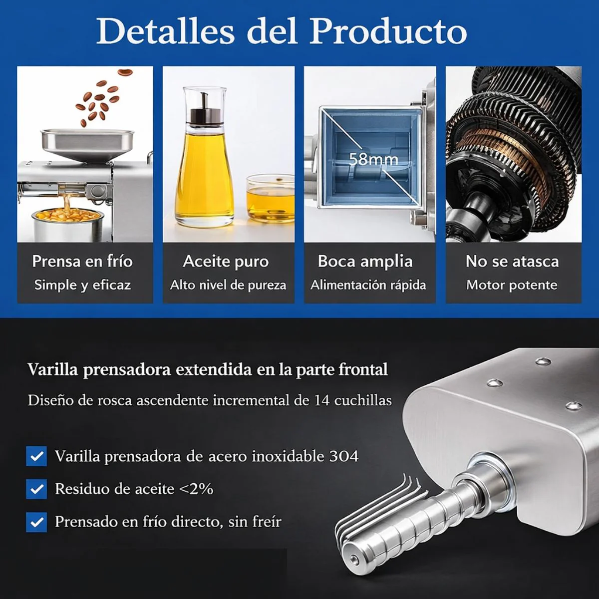 Máquina Prensa Extractora De Aceite En Frio Eléctrica 1250W En Acero Inoxidable 304 Con Control De Temperatura, Extractor De Aceite Prensado Frío/Caliente Con Precalentado - Image 3