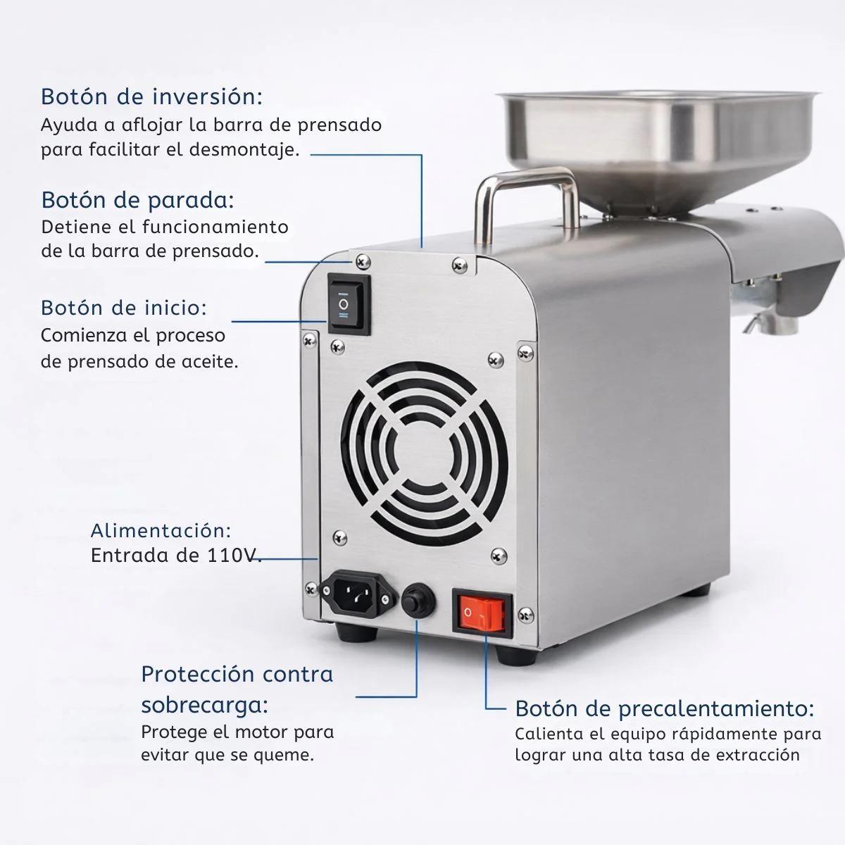 Máquina Prensa Extractora De Aceite En Frio Eléctrica 1250W En Acero Inoxidable 304 Con Control De Temperatura, Extractor De Aceite Prensado Frío/Caliente Con Precalentado - Image 5