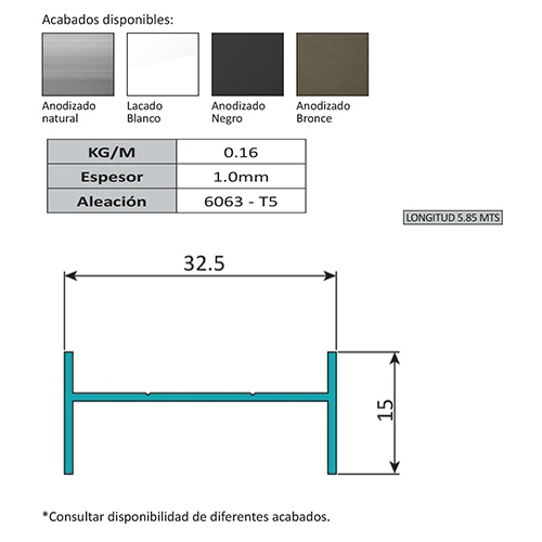 Marco H Para Louver Z De 32.5 X 15 Mm. Espesor 1.0 Mm. Largo 5.85 Mts. Acabado Anodizado Negro 15 Mi - Image 2