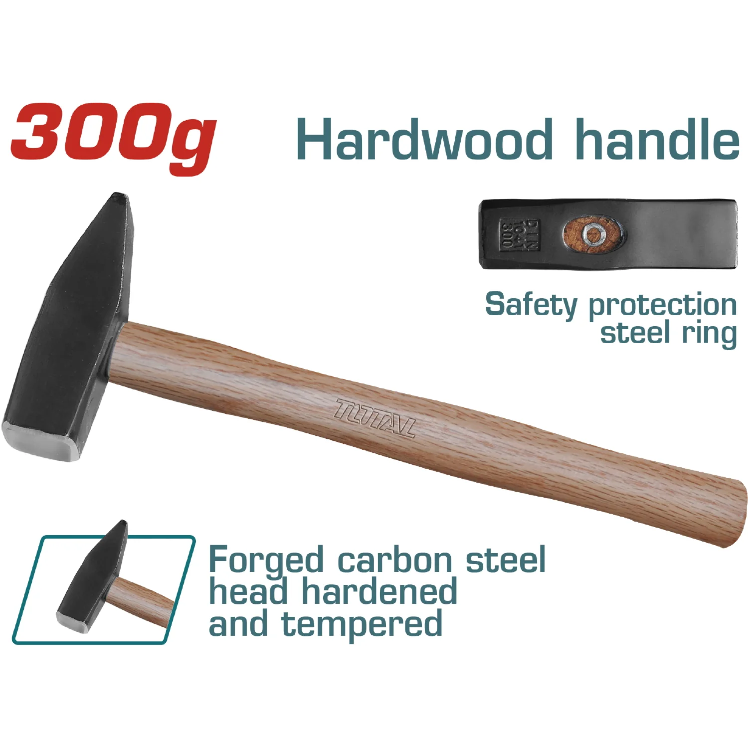 Martillo Forjado, Tratamiento Térmico, Acero #45 Mango Madera. 300G.
