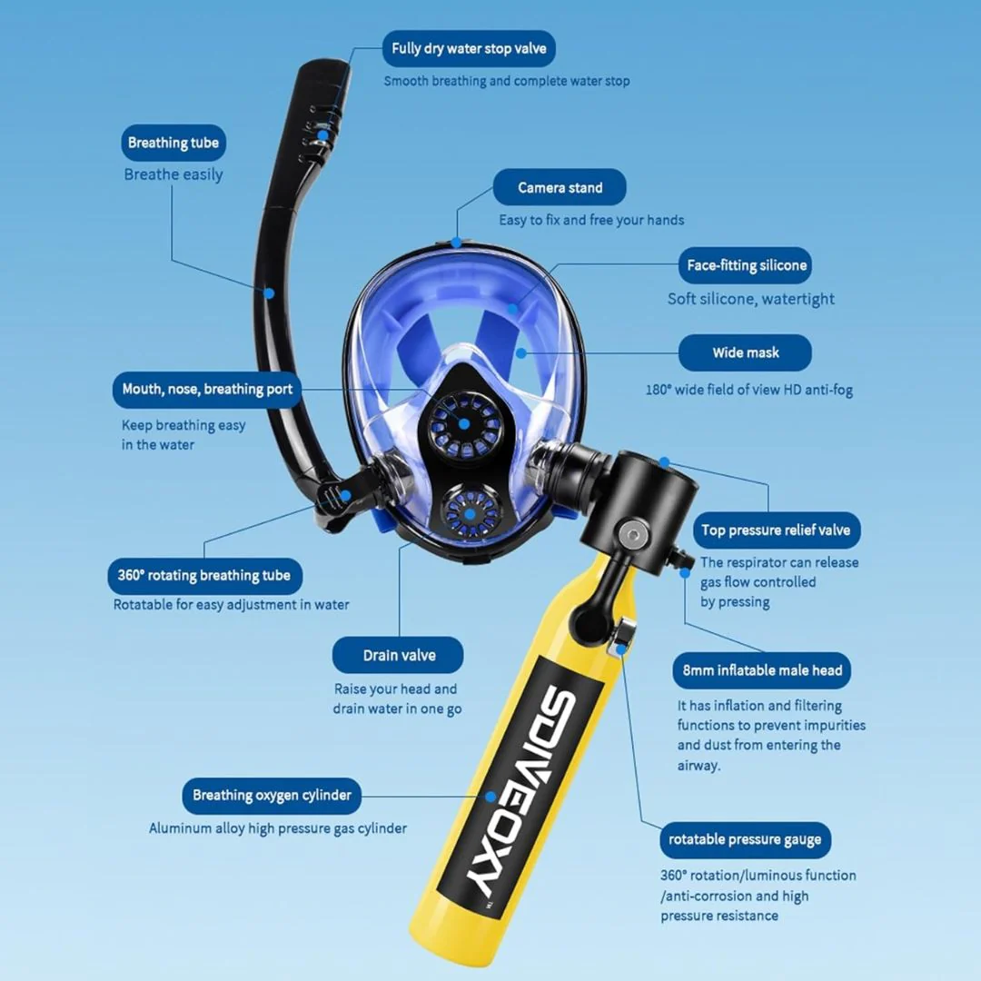 Mascara De Buceo Con Tanque Oxigeno De 0.5L. Incluye Bomba Manual Aire Comprimido. Kit De Snorkel. (Tanque Color Verde) Scuba  6 Y 10 Minutos De Respiración - Image 4